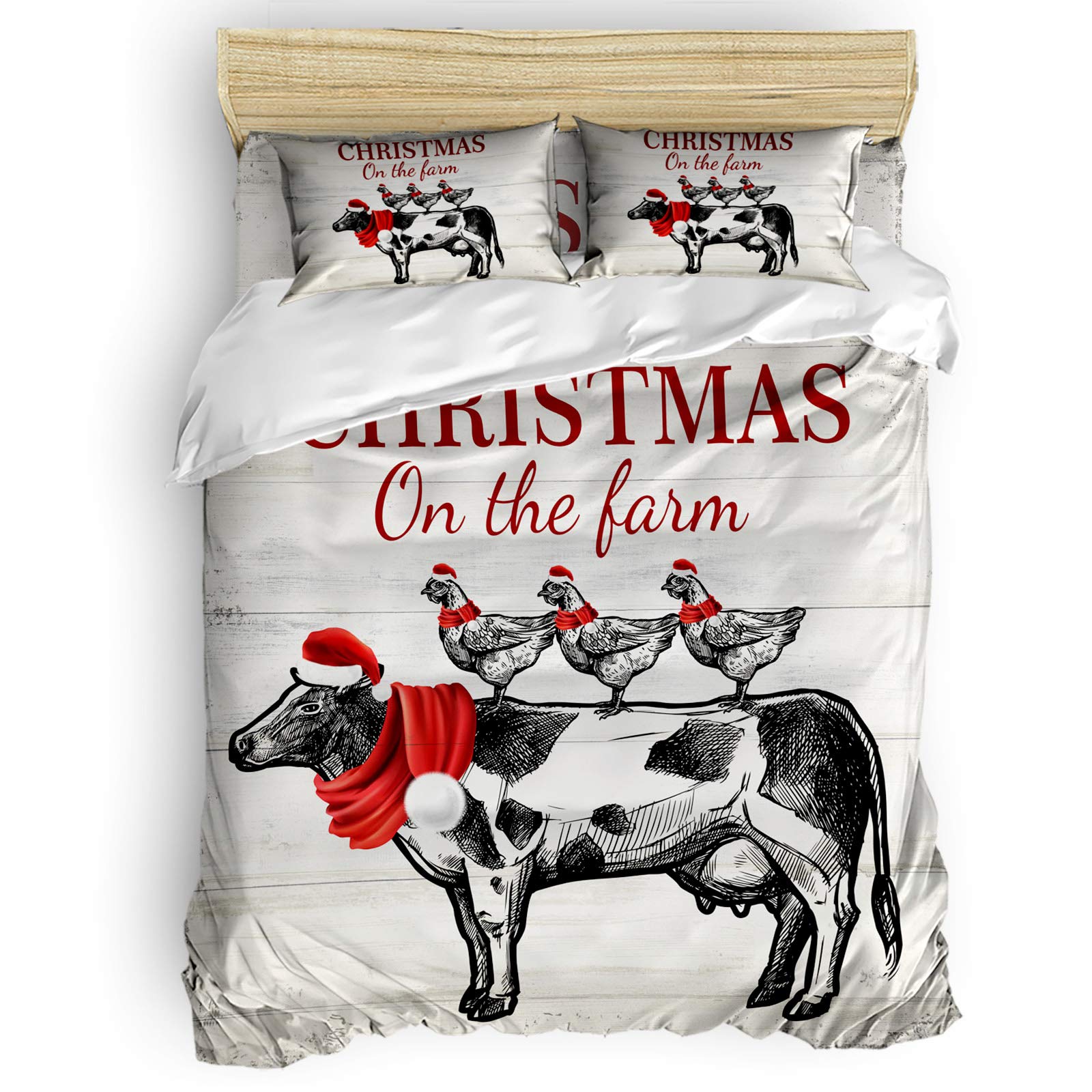 Premium Soft Lightweight Washable & Durable 4-Piece Bed Sheet Set - Includes 1 Duvet Cover, 1 Fitted Sheet & 2 Pillowcases - Christmas Cow and Chicken Print on Wood Grain Pattern - Perfect for Twin Beds, Guest Rooms, Kids' Rooms and Holiday Decorations