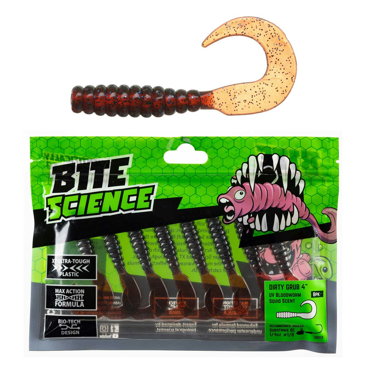 Bite Science Dirty Grub Fishing Lures 8-Pack - Premium Soft Plastic Baits for Bass, Trout & Panfish - Perfect for Freshwater & Saltwater Fishing Trips