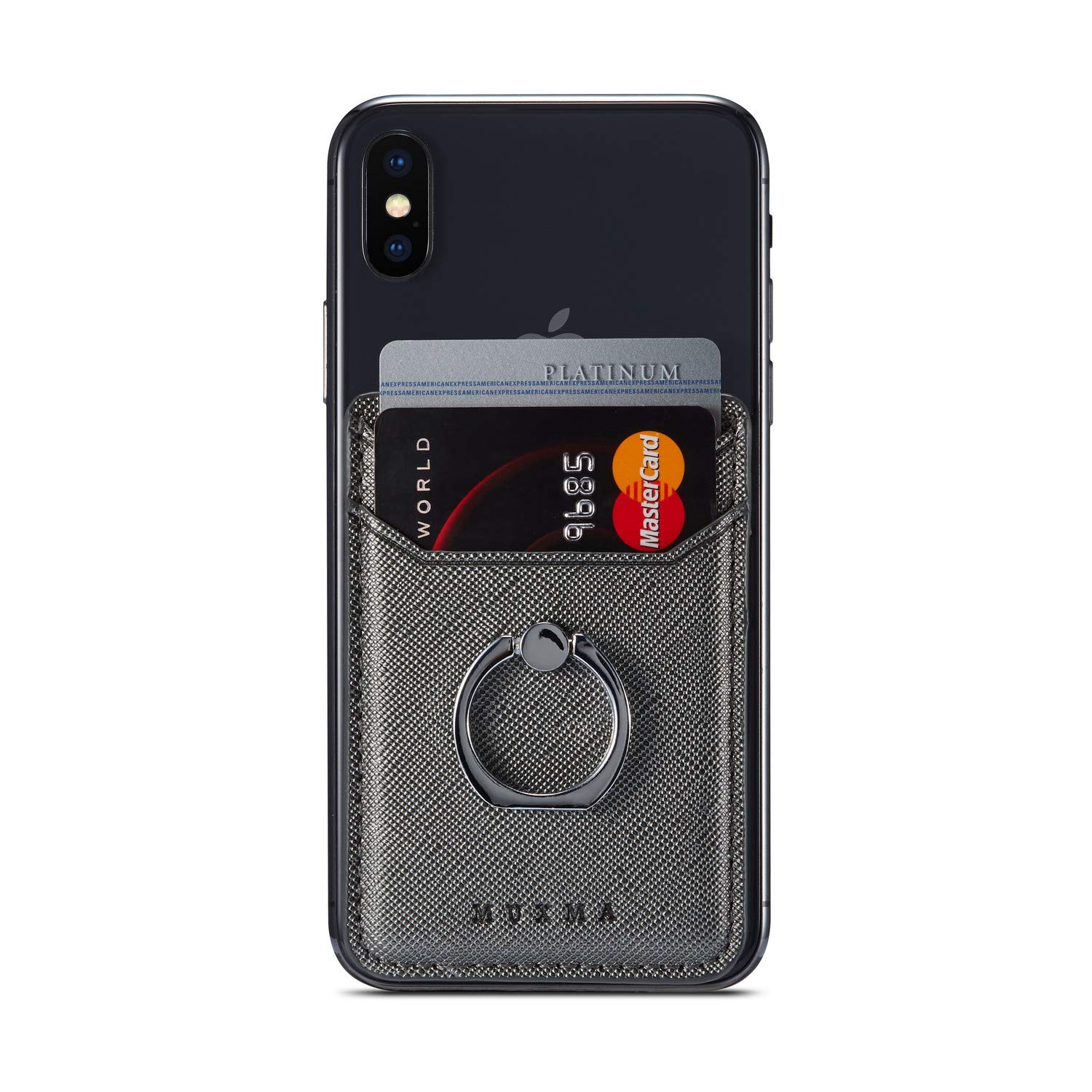 Phone Card Holder with Ring Grip - Adhesive Stick-on Credit Card Wallet Pocket for iPhone, Android & Smartphones (Gun Metal) | Perfect for Hands-Free Shopping, Travel & Daily Essentials