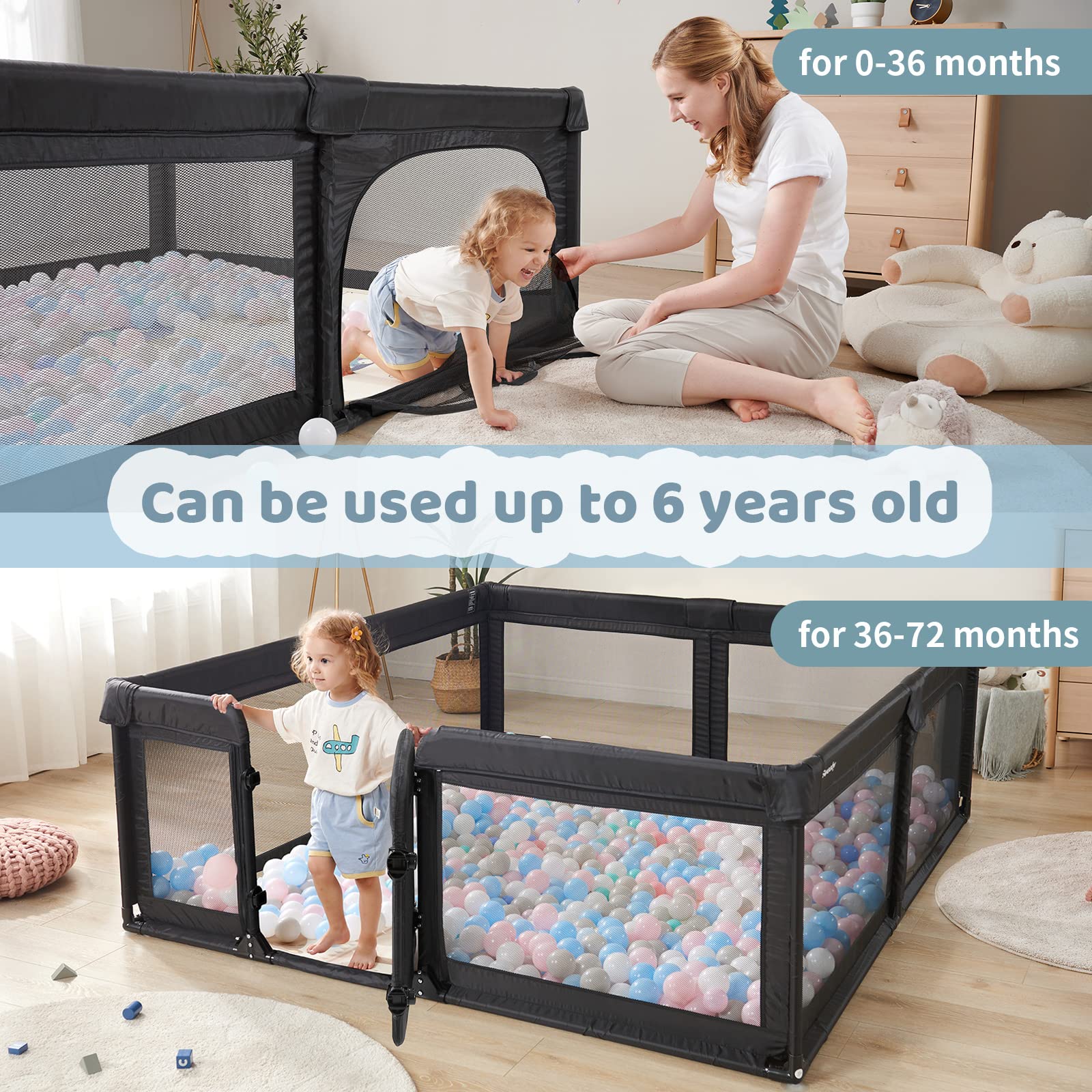 Extra Large Baby Playpen with Door - 79x71in Safety Play Yard for Babies & Toddlers | Indoor Activity Center & Baby Fence | Perfect for Home, Nursery & Playtime (Black)
