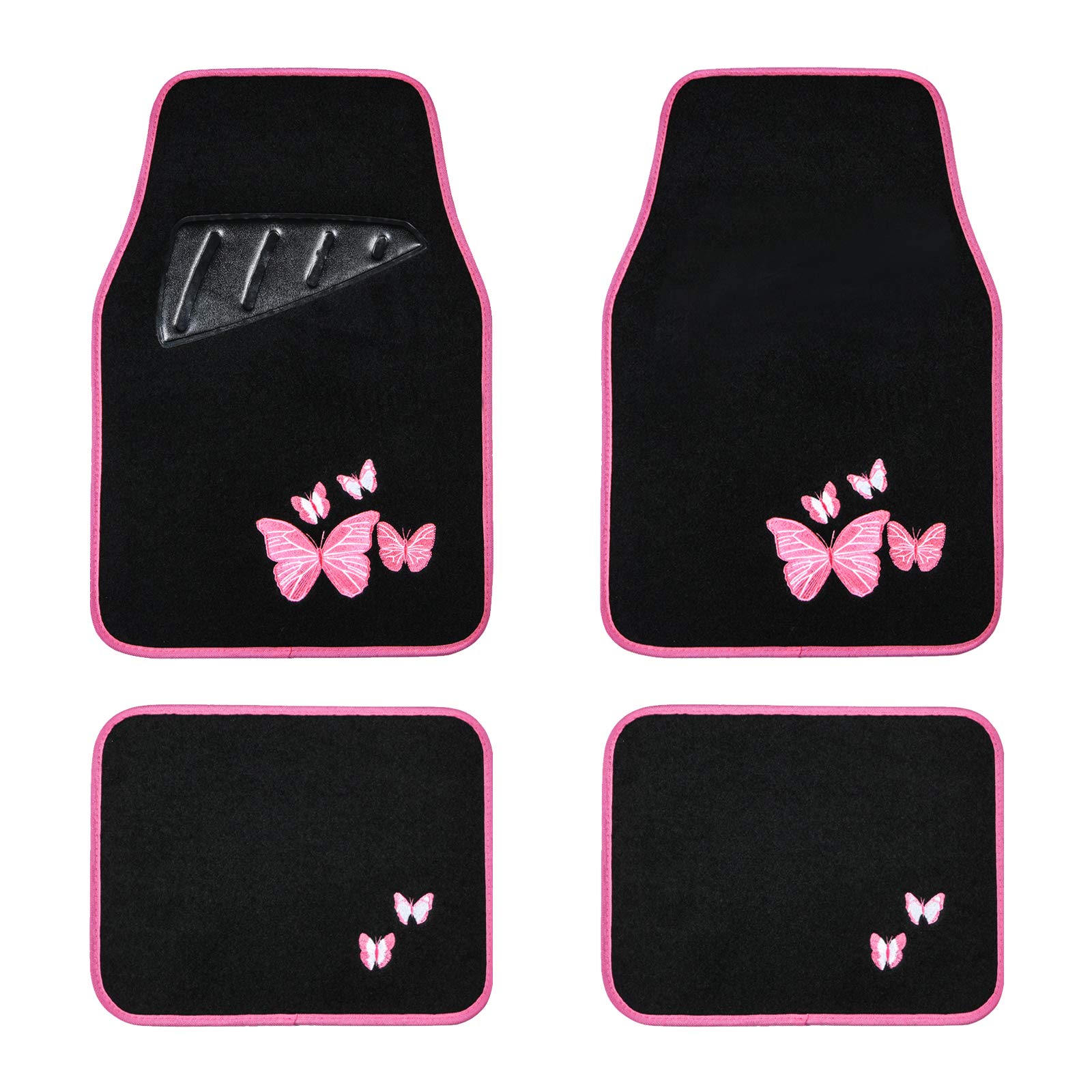 August Auto Universal Fit Butterfly Carpet Car Floor Mats with Heel Pad - 4-Piece Set for Sedans, SUVs, Trucks & Vans (Black/Pink) | All-Weather Protection & Enhanced Grip for Daily Commutes, Road Trips & Family Adventures