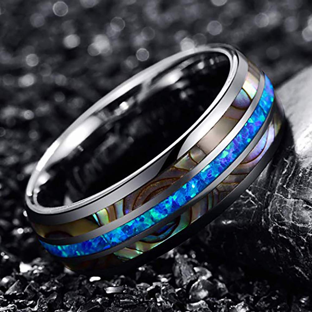 Men's Tungsten Wedding Band with Genuine Blue/Green Opal & Abalone Shell - 8mm Comfort Fit Ring Sizes 7-12 - Durable & Scratch-Resistant for Everyday Wear, Anniversary Gifts & Special Occasions