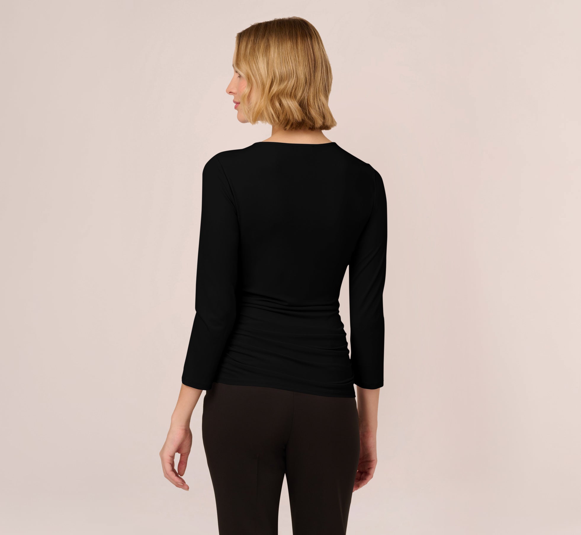 Stylish Black Three-Quarter Sleeve Draped Jersey Top with Shirred Sides - Perfect for Casual Outings, Office Wear & Date Nights
