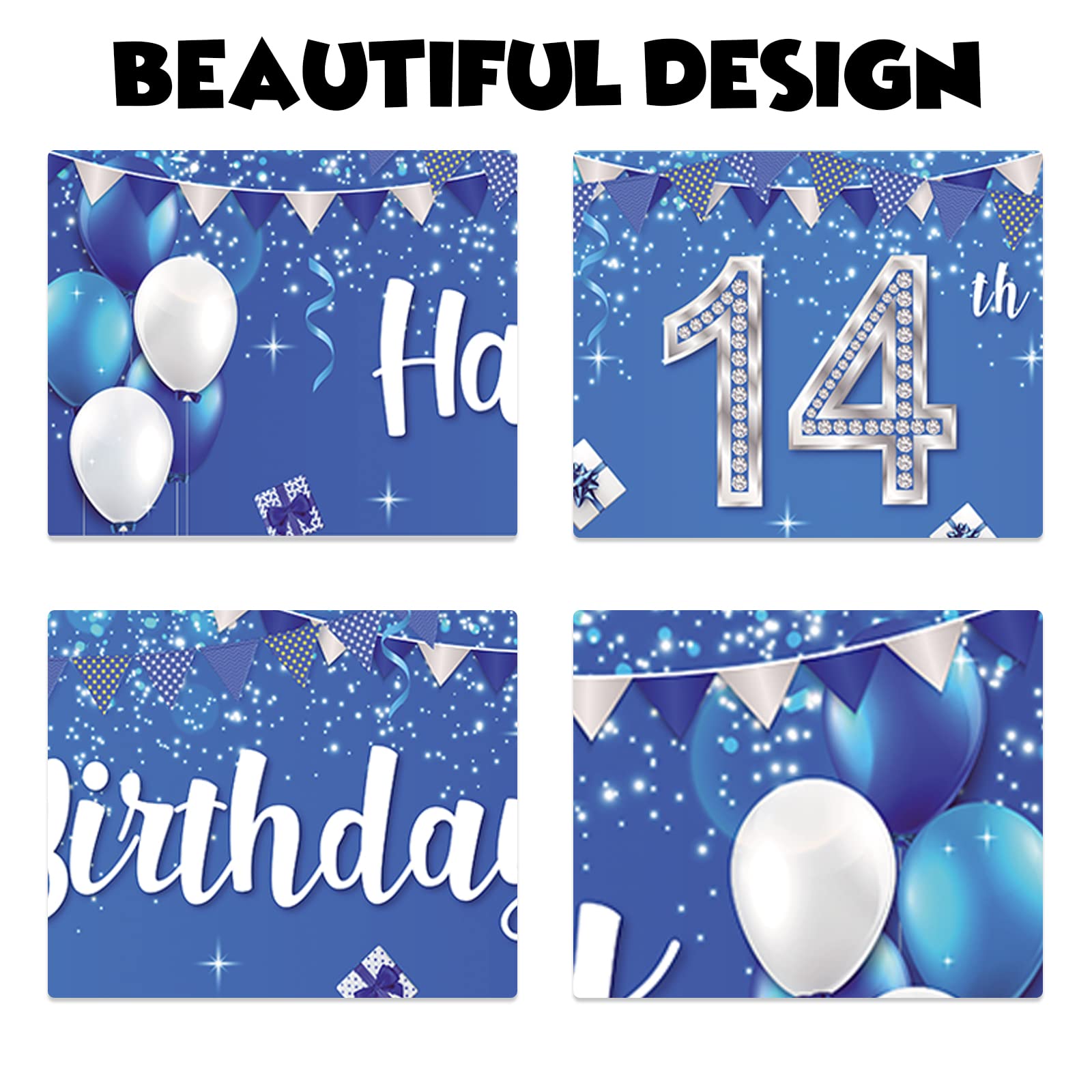 14th Birthday Party Decorations - Happy Birthday Banner, Balloons, Crystal Glittery Stars & Confetti Set for Boys & Girls | Silver & Blue Theme Backdrop | Perfect for 14th Birthday Celebrations, Milestone Parties & Teen Decor