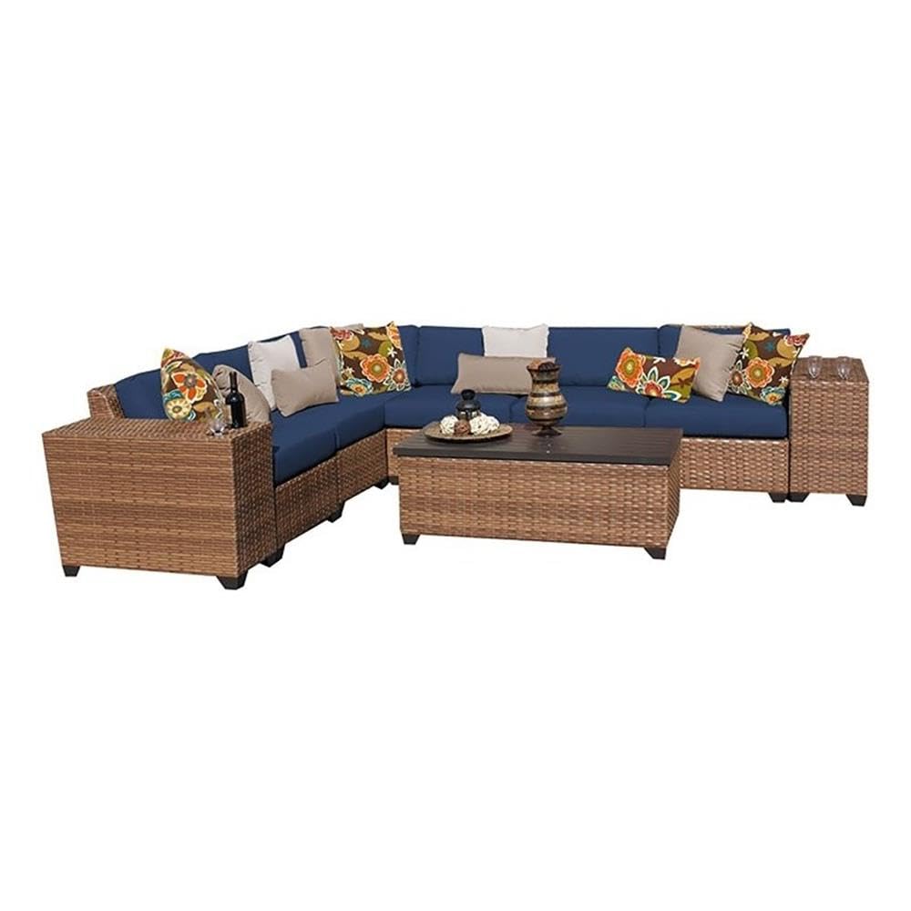 BOWERY HILL 9-Piece Navy Blue Wicker and Fabric Patio Sectional Sofa Set - Outdoor Furniture for Backyard, Garden, and Poolside Relaxation