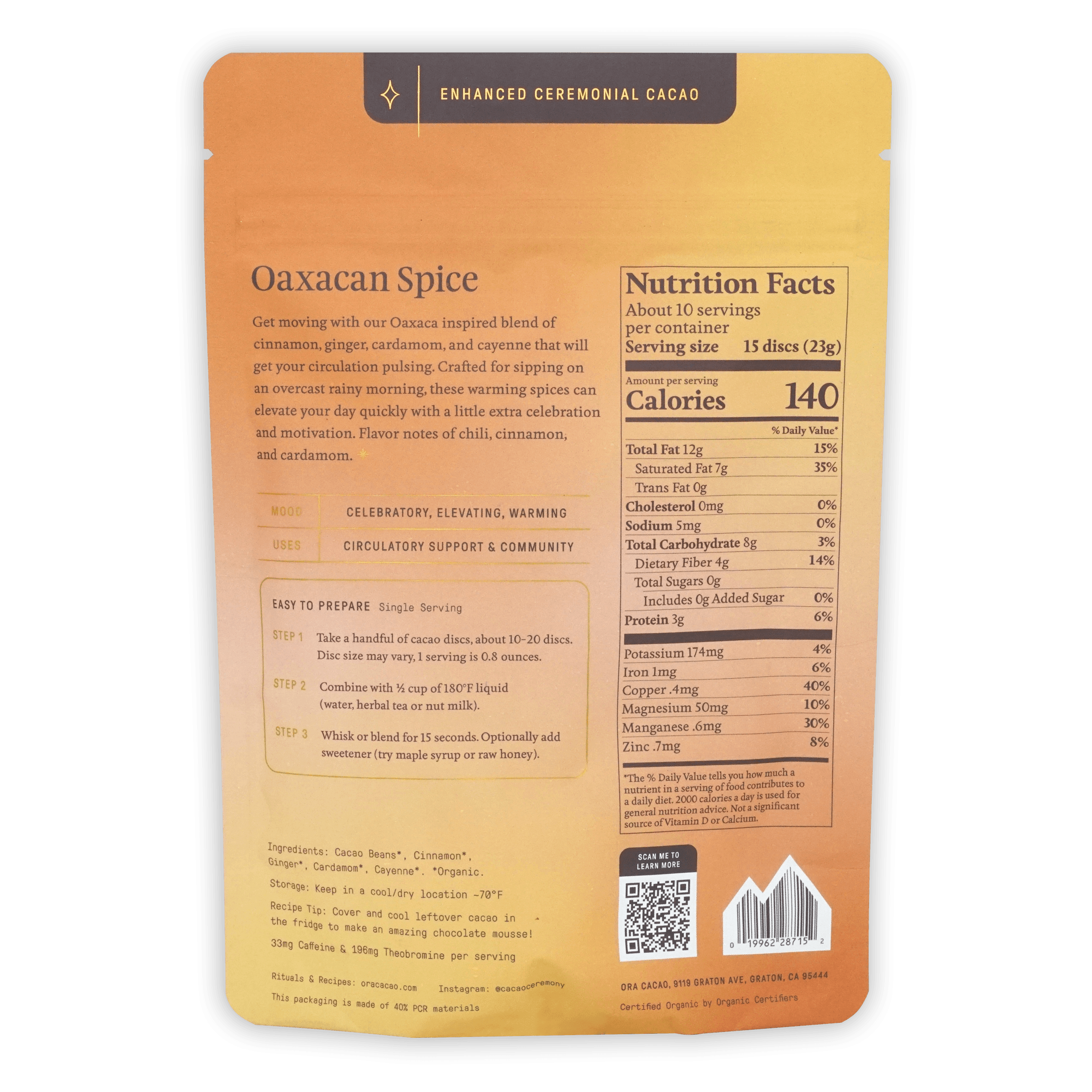 Organic Ora Ceremonial Cacao Oaxacan Spice 100% Pure - Premium Drinking Chocolate for Rituals, Meditation & Wellness - Authentic Mexican Cacao Powder for Hot Chocolate & Ceremonial Use