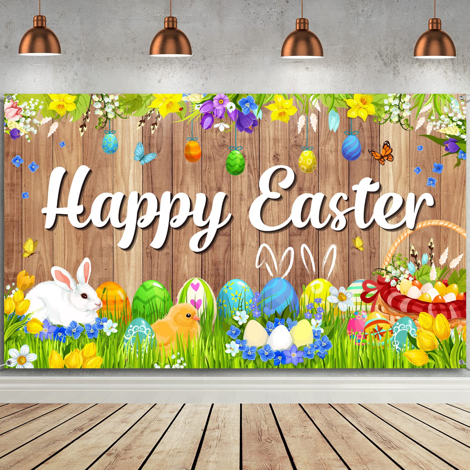 Happy Easter Backdrop Photography Banner - 70.8x43.3 Inch Bunny Grassland Rustic Wood Background with Easter Eggs for Spring Party Decorations, Church Events & Jesus Celebration - Perfect for Easter Photo Booths, Home Decor & Holiday Festivities