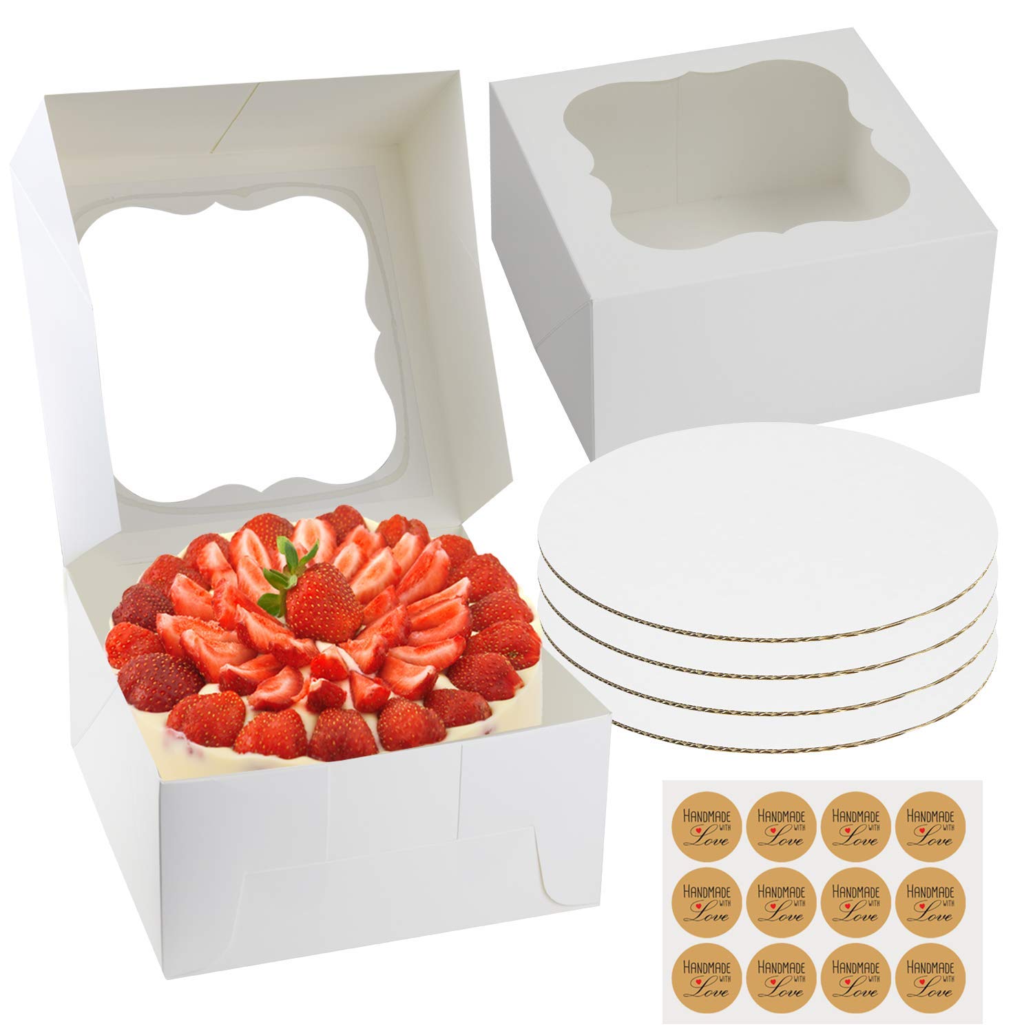 SELMY 10 Inch Cake Boxes with Window [12-Pack] - 10x10x5 White Bakery Boxes with Boards & Stickers for Birthday, Wedding, and Party Desserts