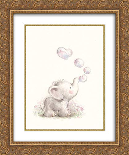 P.S. Art 15x18 Inch Gold Ornate Framed Double Matted Museum Quality Art Print - Baby Elephant with Bubbles Painting - Perfect for Nursery, Living Room & Office Decor