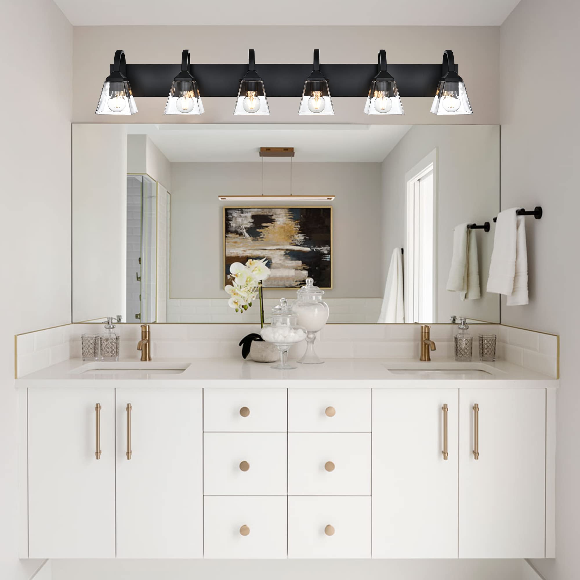 6-Light Vanity Light Fixture, 44.5 Inch Farmhouse Style Bathroom Wall Sconce with Clear Glass Shade - Black Finish for Bathroom Vanity, Dressing Table, Living Room & Bedroom Lighting - Perfect for Modern Home Decor and Cozy Ambiance