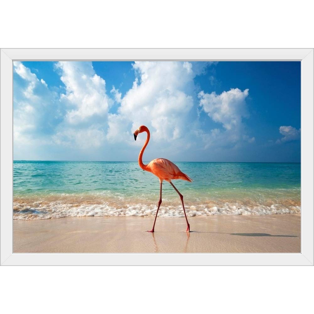 Flamingo Walking Along Beach White Framed Art Print - Tropical Flamingo Wall Decor for Living Room, Bathroom & Coastal Home Decor