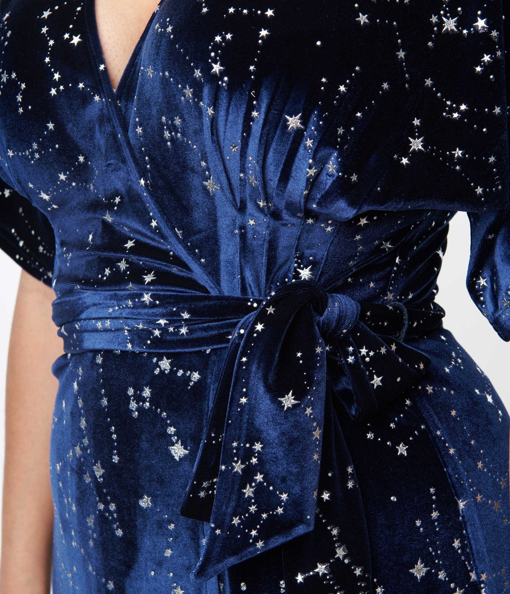 Vintage 1970s Navy Blue Velvet Wrap Dress with Silver Stars - Retro Midi Dress for Women, Perfect for Holiday Parties & Special Occasions