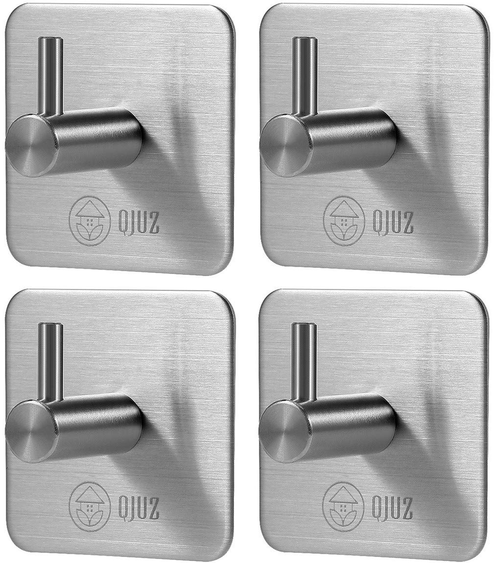 QJUZ Heavy Duty Adhesive Hooks - 4 Pack Stainless Steel Wall Hooks for Bathroom, Shower, Kitchen & Office - Perfect for Hanging Towels, Robes, Clothes, Bags, Keys & Kitchen Utensils - Strong & Rustproof SUS304 Steel for Home Organization & Space Saving