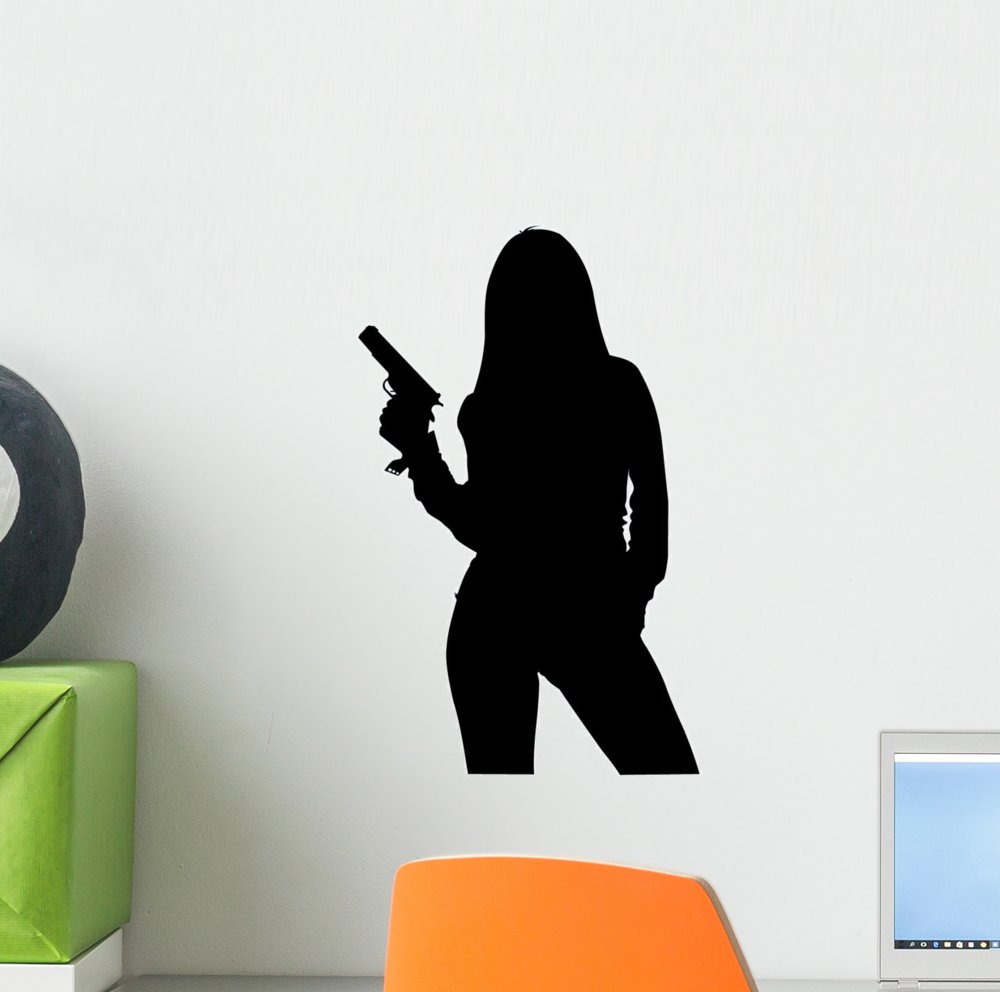 Sexy Silhouette Woman with Gun Wall Decal - Peel & Stick Graphic Art (12x8 Inches) - Perfect for Bedroom, Man Cave, or Home Theater Decor