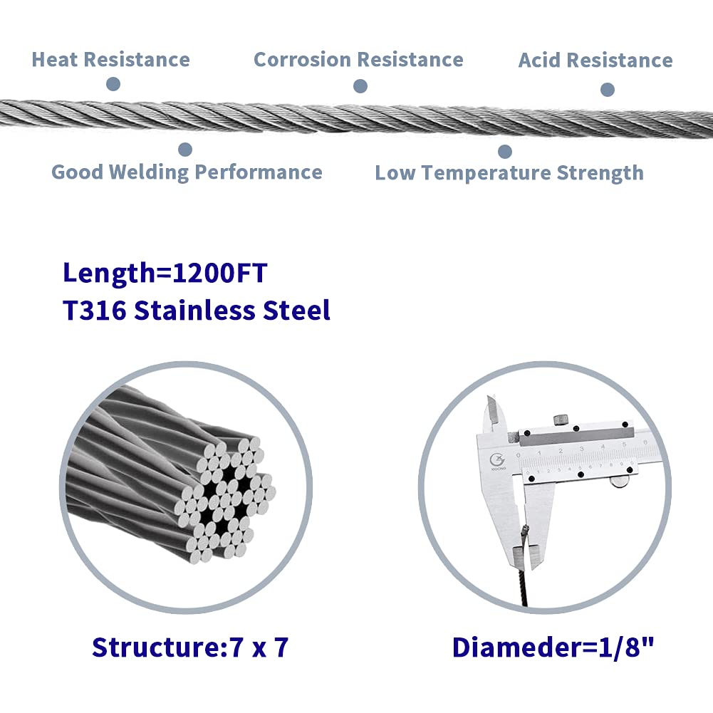 1/8 Inch 1200FT T316 Stainless Steel Wire Rope - 7x7 Strand Aircraft Cable for Deck Railing Kits, DIY Balustrades & Fencing - Includes Cutter - Perfect for Home Deck, Porch, Staircase & Outdoor Railings