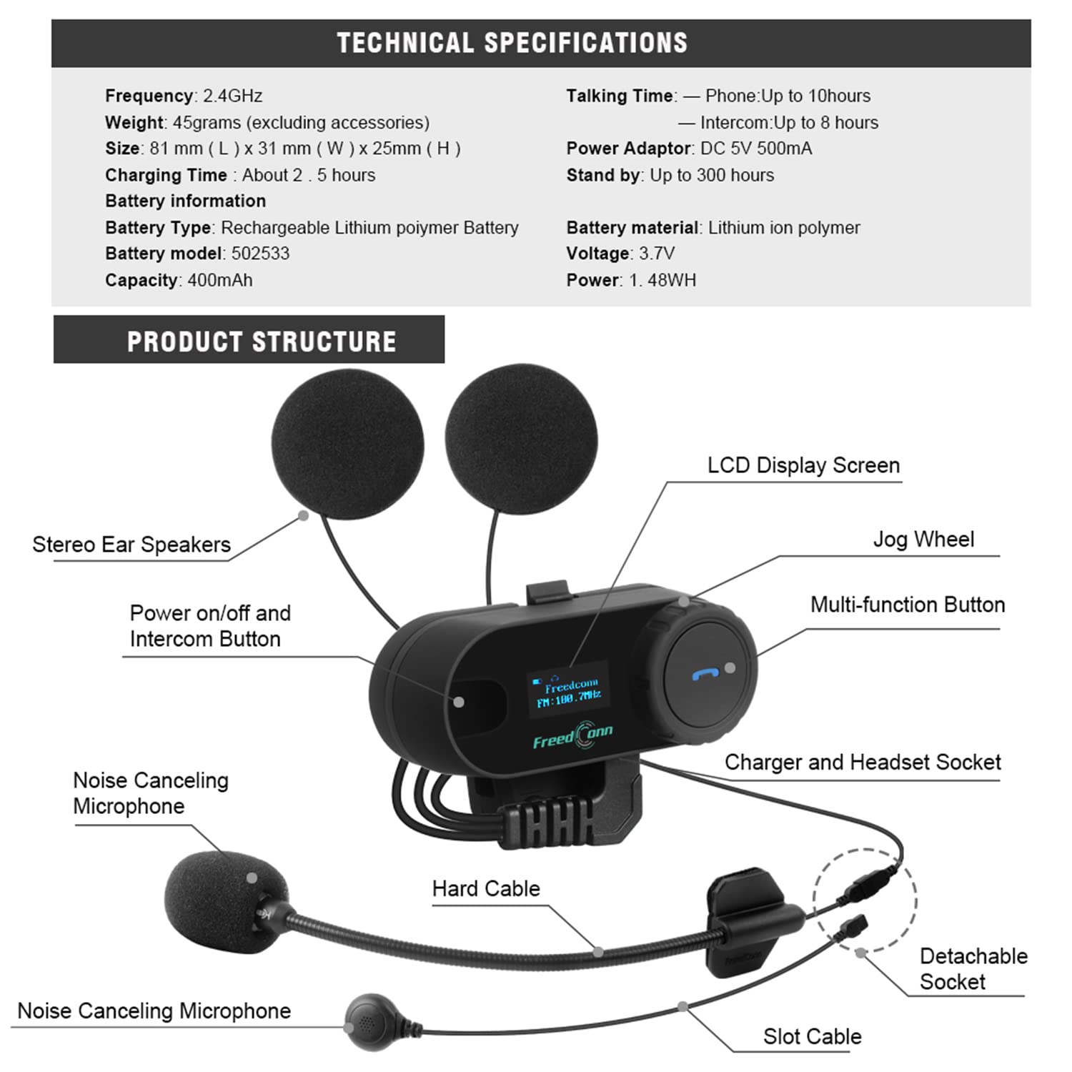 Motorcycle Helmet Bluetooth Intercom Kit - Wireless Communication System for 2-3 Riders with LCD Screen, FM Radio, MP3, GPS & 800m Range - Hands-Free Motorbike Helmet Headset for Group Riding & Adventure Trips