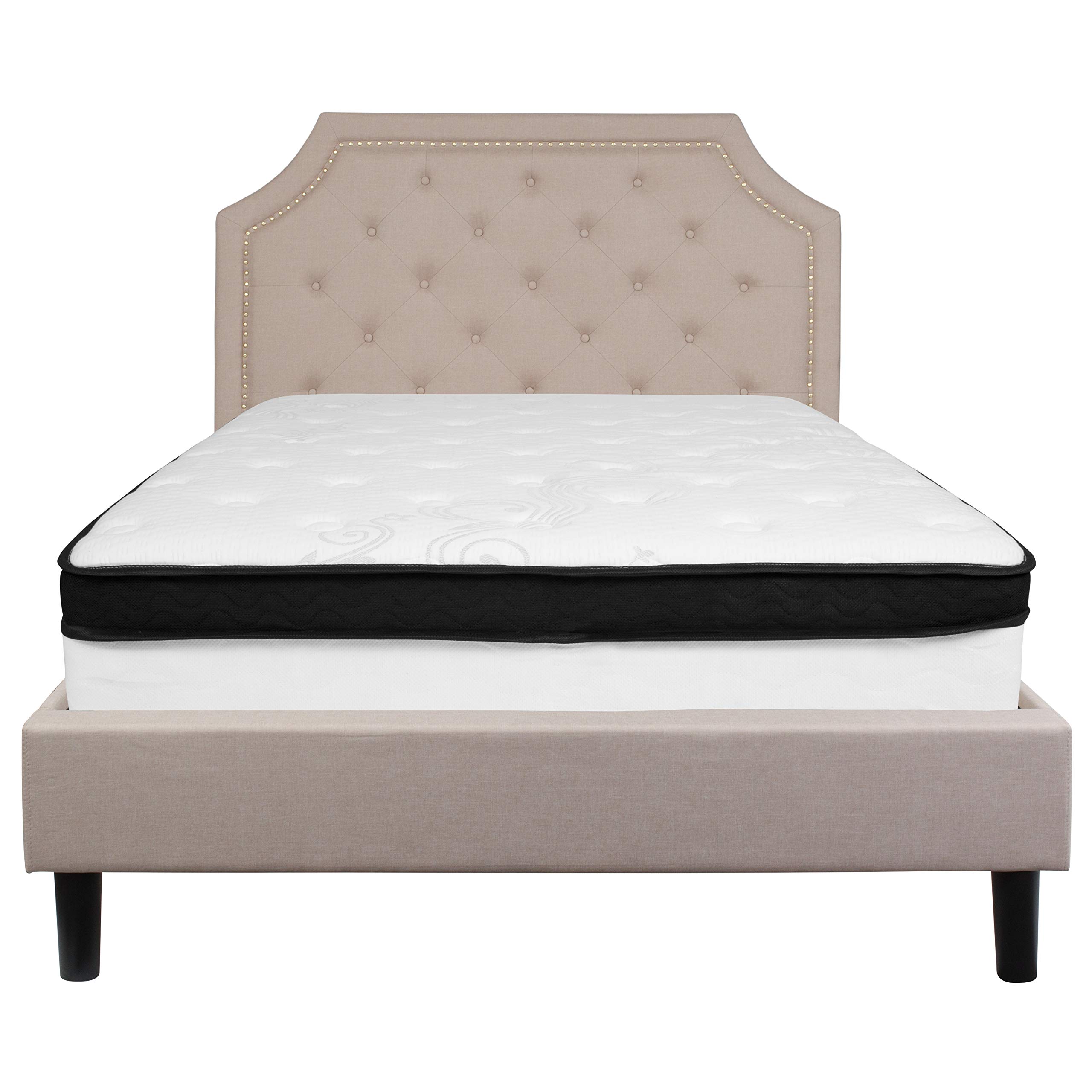 Emma & Oliver Full Arched Tufted Platform Bed Frame with Memory Foam Mattress - Beige Fabric Upholstered Queen Size Bed for Modern Bedroom & Guest Room