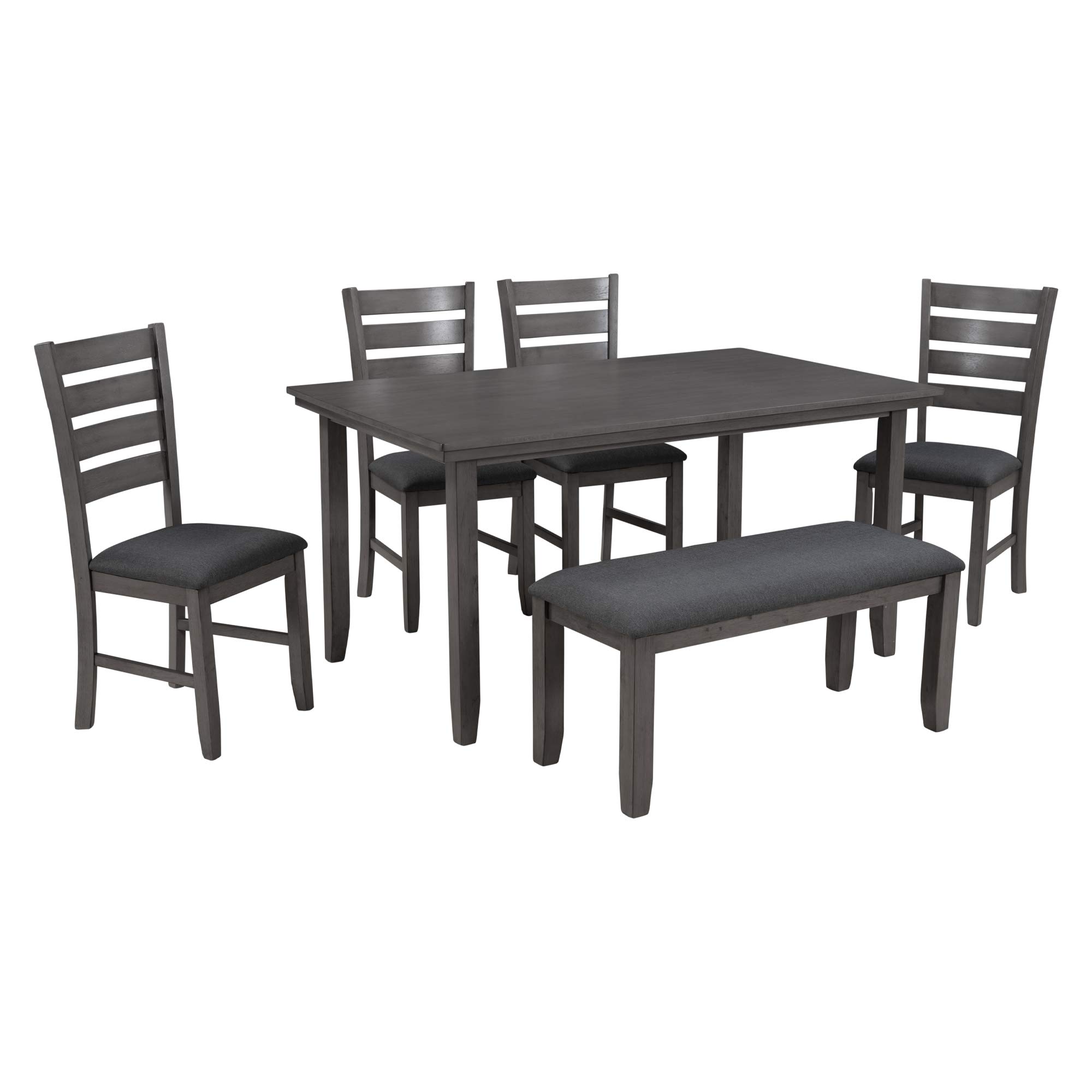 Rustic 6-Piece Wooden Dining Table Set for 6 with Cushioned Chairs & Bench - Farmhouse Kitchen Table and Chairs for Family Meals, Entertaining, and Cozy Breakfast Nook