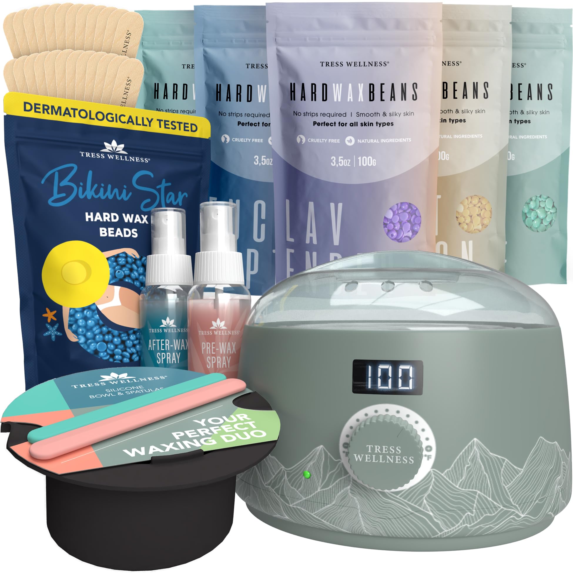 Tress Wellness Green Warmer Kit & Silicone Waxing Bowl Set for Bikini Waxing - Professional At-Home Hair Removal Solution for Smooth Skin