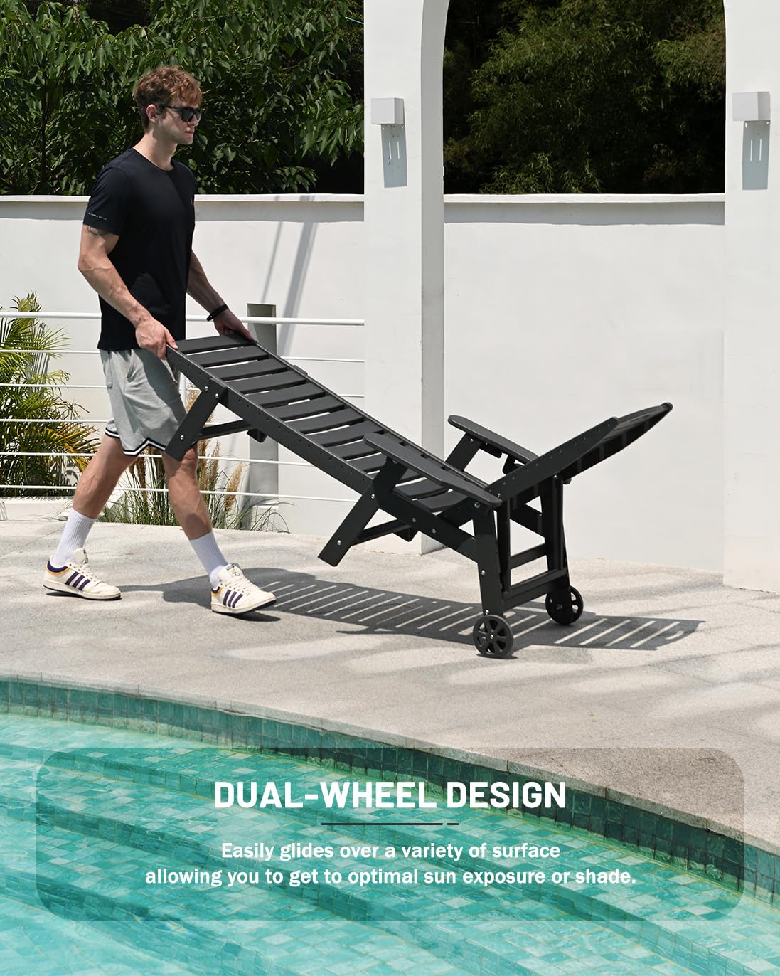 6-Position Adjustable HDPE Outdoor Chaise Lounge Chair with Wheels & Cup Holder - Patio, Poolside, Deck & Backyard Relaxation - Black