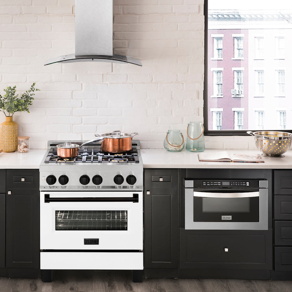 ZLINE Autograph Edition 30-inch 4.0 cu. ft. Dual Fuel Range - 4 Burner Gas Cooktop & Electric Convection Oven - Satin Stainless Steel with White Matte Door & Black Accents (RASZ WM 30 MB) - Perfect for Modern Kitchens & Professional Home Chefs