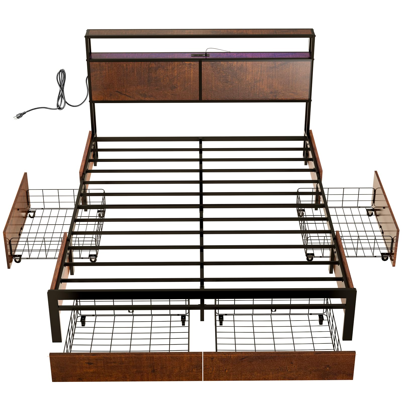 HAUSOURCE Queen Size Bed Frame with Storage Headboard, 4 Drawers & LED Lights - Sturdy Metal Platform Bed with Non-Slip Design & Quiet Mattress Foundation - No Box Spring Needed - Perfect for Small Bedrooms, Guest Rooms & Apartments