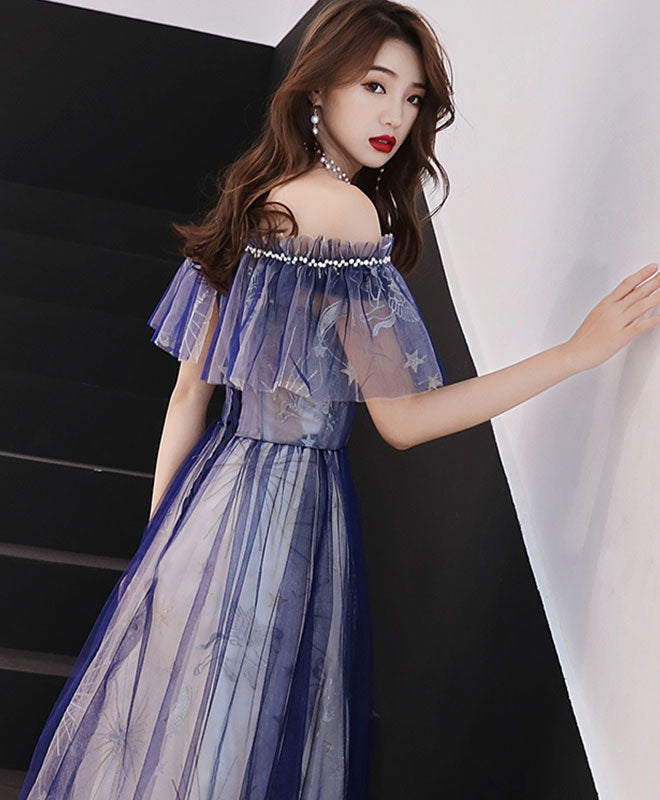 Elegant Blue Tulle Lace Tea-Length Prom Dress | Vintage-Inspired Evening Gown for Homecoming, Wedding Guest & Special Occasions