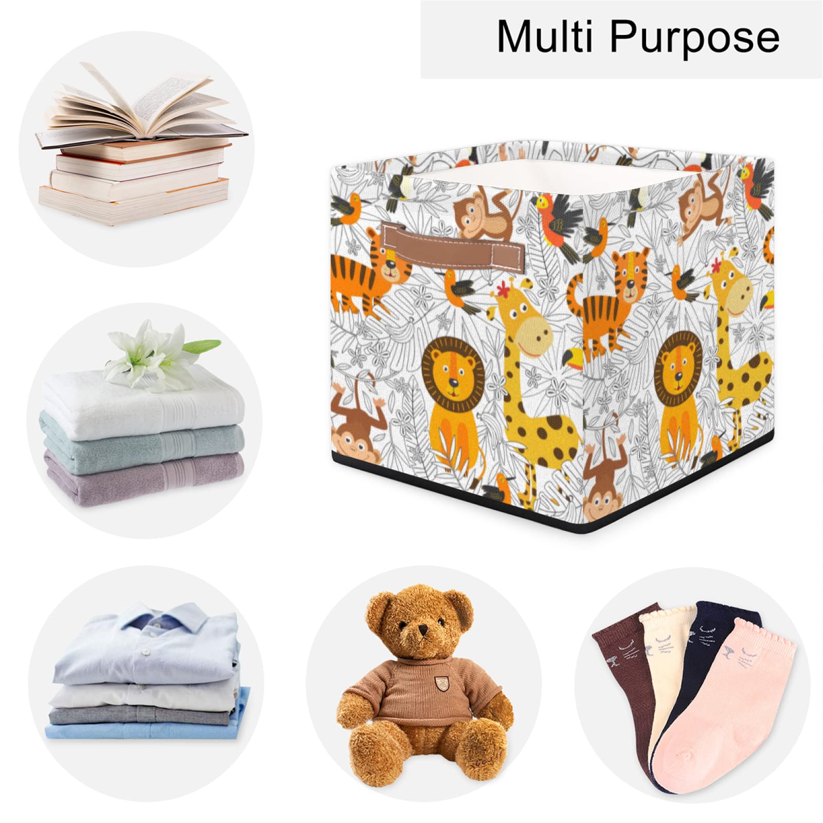 Cute Animal Storage Cube Bin - Giraffe, Lion, Monkey Design - 13×13 Inch Large Collapsible Fabric Storage Basket with Handles - Perfect for Closet Organization, Nursery Toy Storage, Shelves & Home Decor
