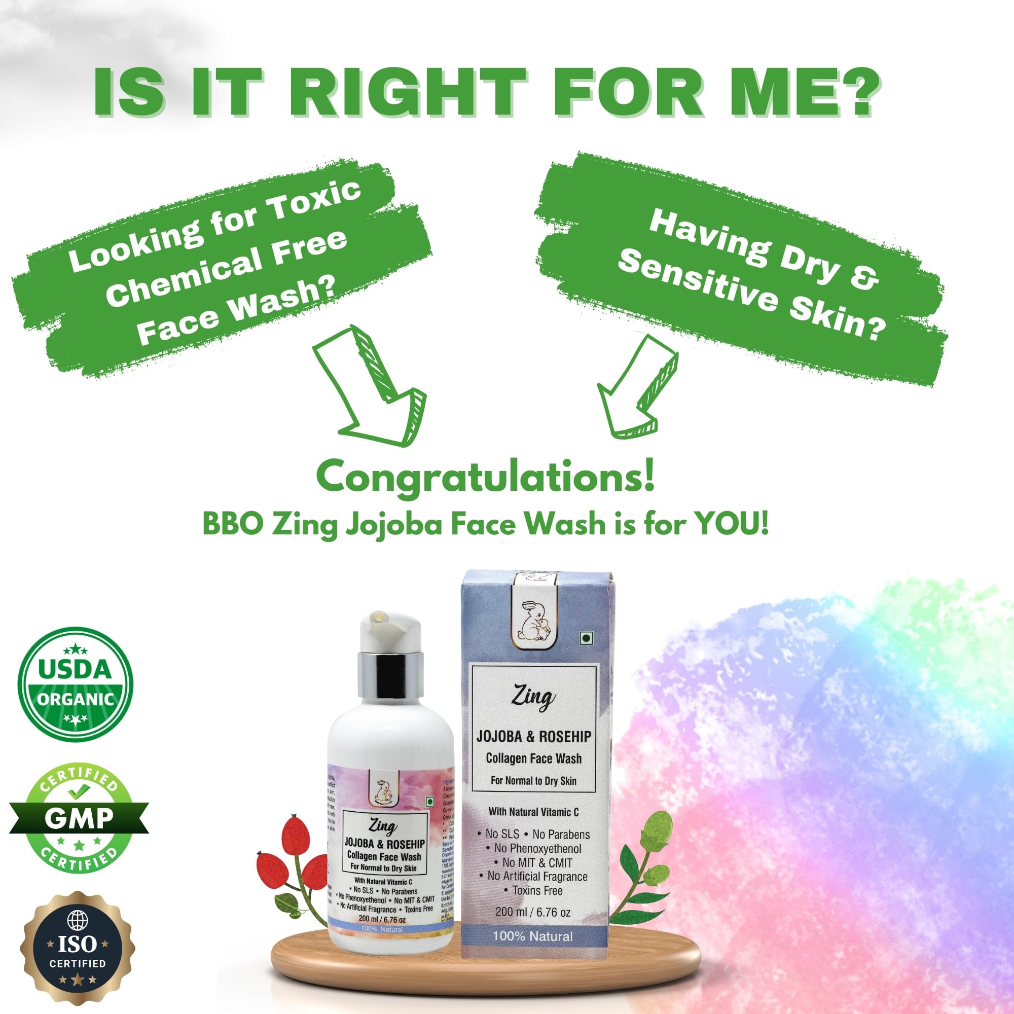 Blush Bunny Organics Natural Collagen Face Wash with Vitamin C - USDA Certified Hydrating Organic Facial Cleanser for Dry & Normal Skin | Vegan, Cruelty-Free, Pregnancy & Baby Safe | 200ml | Perfect for Morning & Night Skincare Routine, Travel-Friendly Size