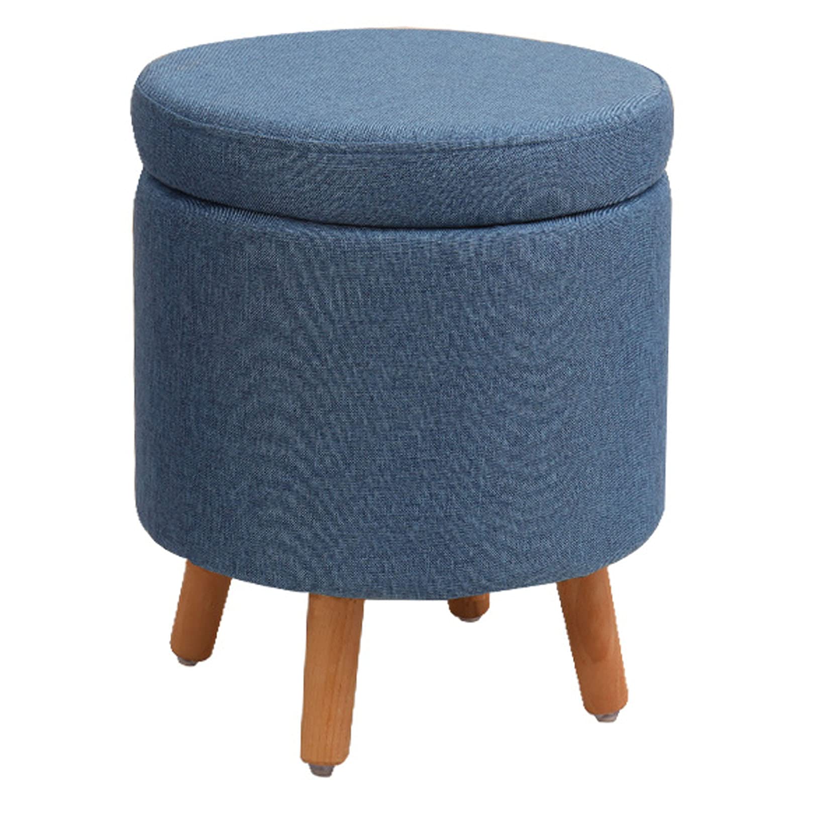 Wooden Leg Footstool - Round Storage Ottoman with Removable Washable Cotton Linen Cover | Upholstered Sofa Stool for Living Room, Bedroom & Nursery | Creative Home Decor Accent