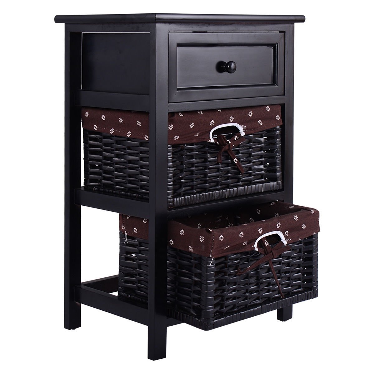 3-Tier Black Nightstand with Drawer & 2 Baskets - Wooden Bedside Table for Bedroom Storage & Organization - Perfect for Small Spaces, Apartments & Dorm Rooms