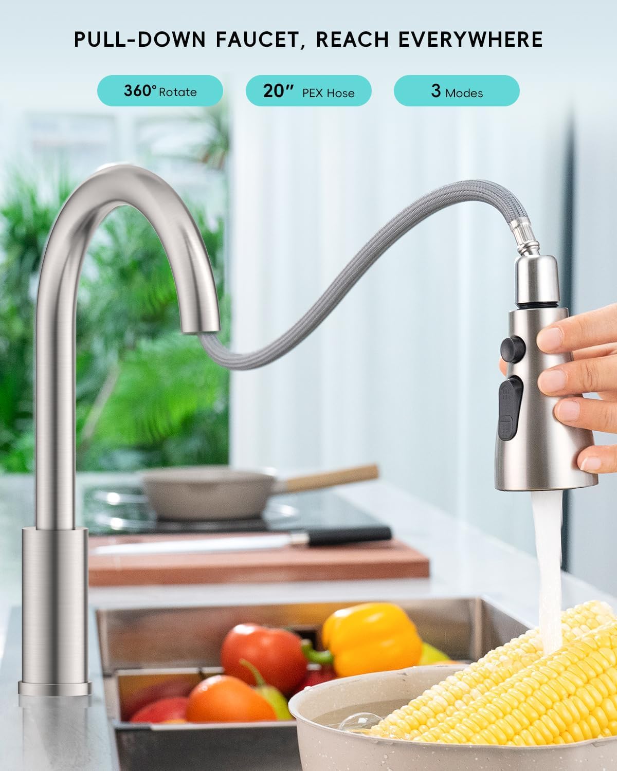 APPASO Brushed Nickel Kitchen Faucet - Modern 3 Function Pull Down Sprayer, Stainless Steel High Arc Single Handle Sink Faucet for 1 Hole Installation (No Deck Plate Needed) | Perfect for Modern Kitchens, Restaurant Prep Areas & RV Use