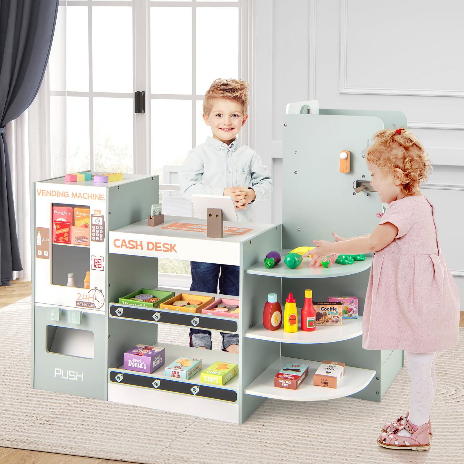 INFANS Wooden Grocery Store Playset for Kids - Supermarket Pretend Play with Cash Register, Coffee Machine, Vending Machine & Play Food Accessories - Educational Toy Gift for Toddler Boys & Girls - Perfect for Role Play, Classroom Learning & Birthday Gifts