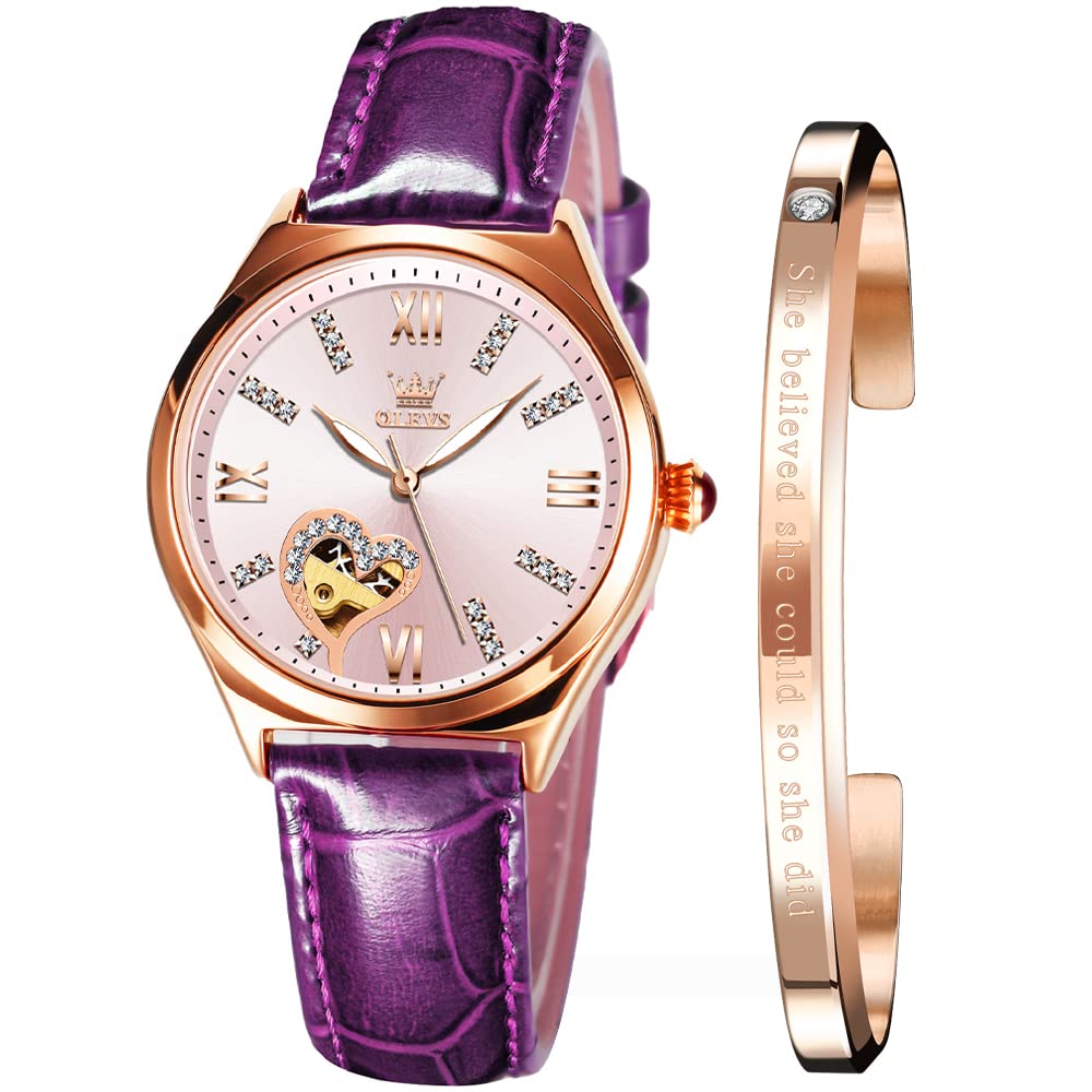 OLEVS Automatic Women's Watches - Luxury Diamond Dial Ladies Watch with Genuine Leather Strap, Self-Winding Mechanical Movement, 50M Waterproof - Perfect for Business, Party & Everyday Wear
