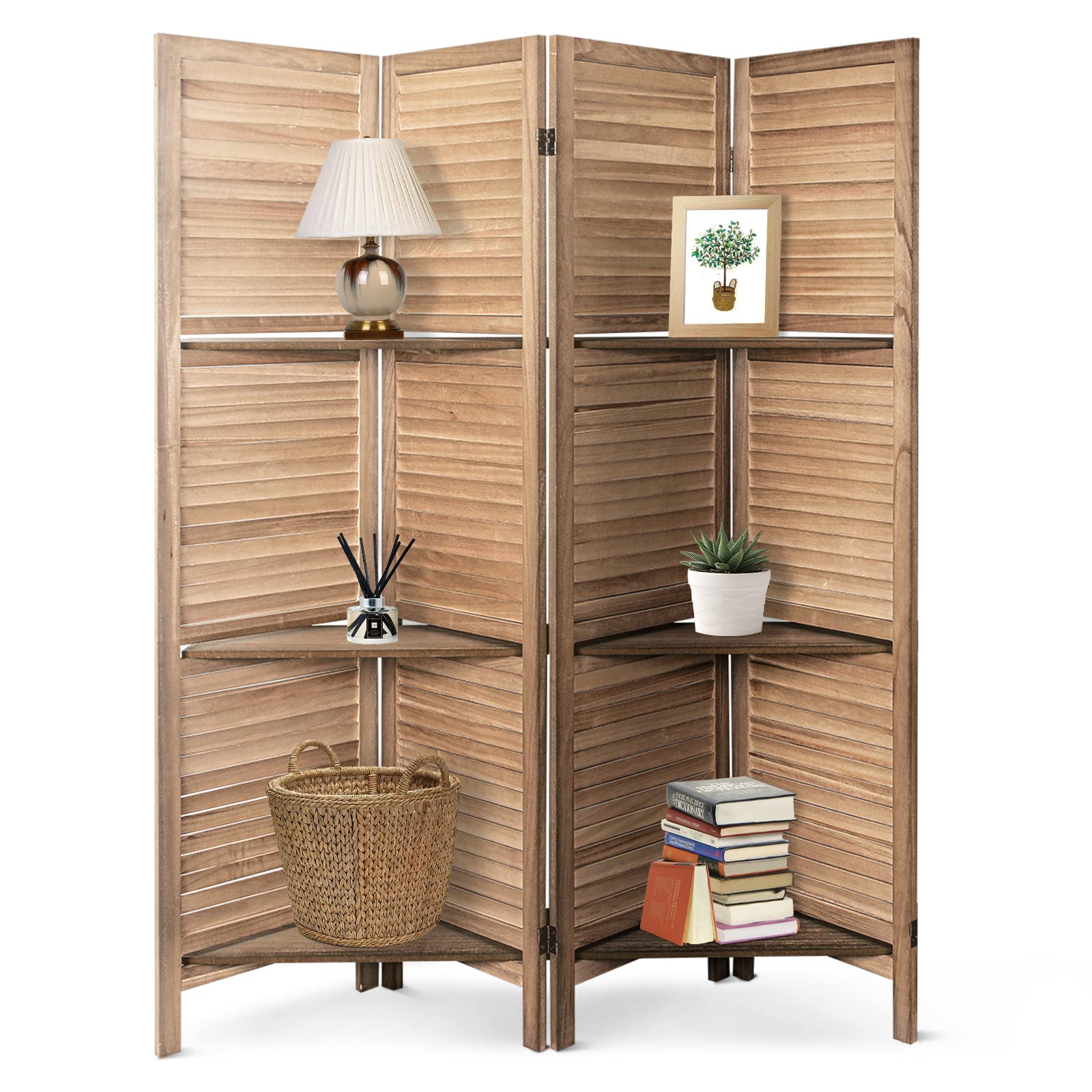 ECOMEX 4 Panel Wood Room Divider Screen - Freestanding Folding Privacy Partition with Shelves for Home & Office (Brown) | Perfect for Living Room, Bedroom, Studio Space Separation & Decoration