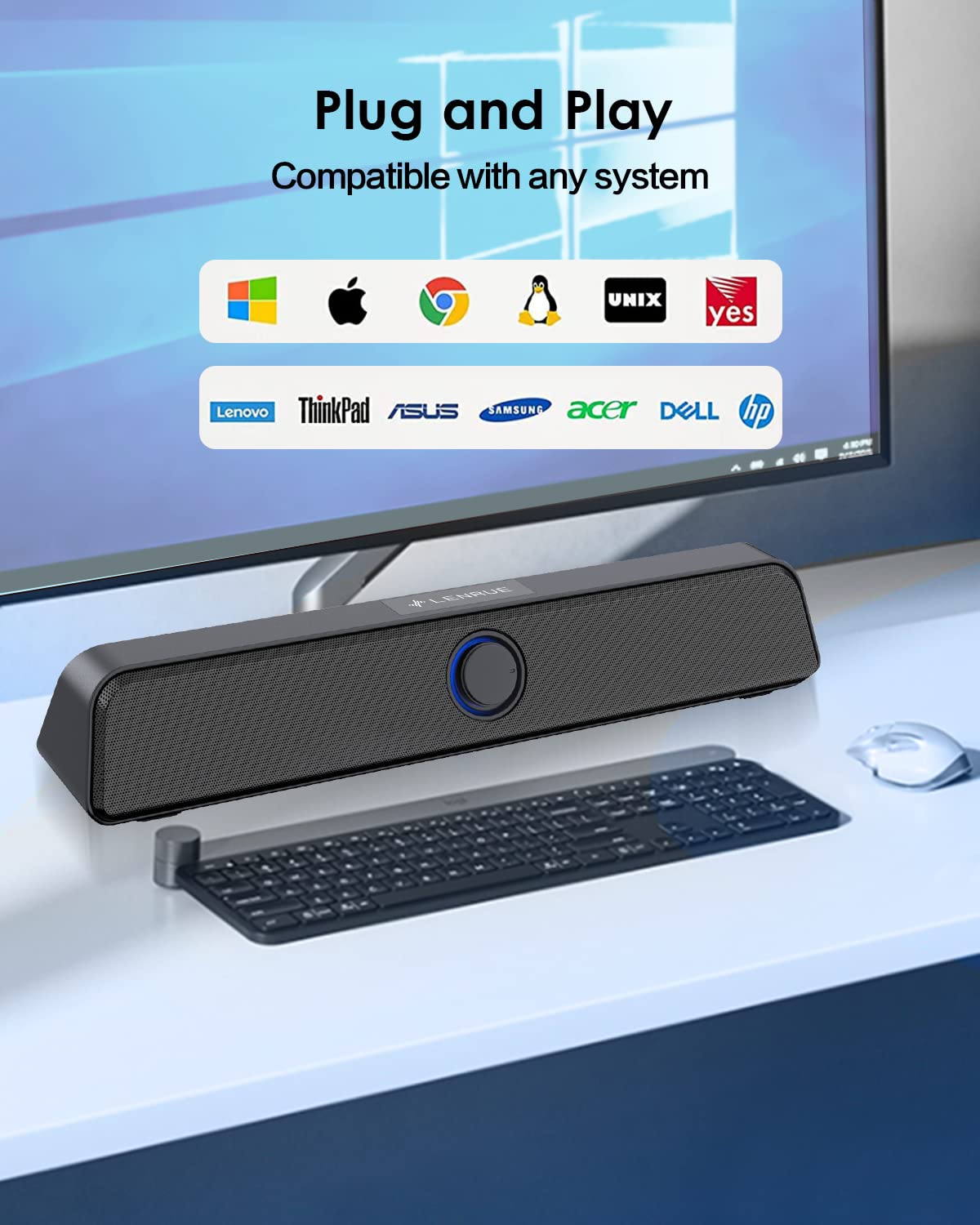 LENRUE 5W Dual USB Computer Speakers with USB-A/USB-C & 3.5mm Audio - Compact PC Soundbar for Desktop, Laptop, Tablet - Plug & Play Black Speakers for Home Office, Gaming & Music Streaming