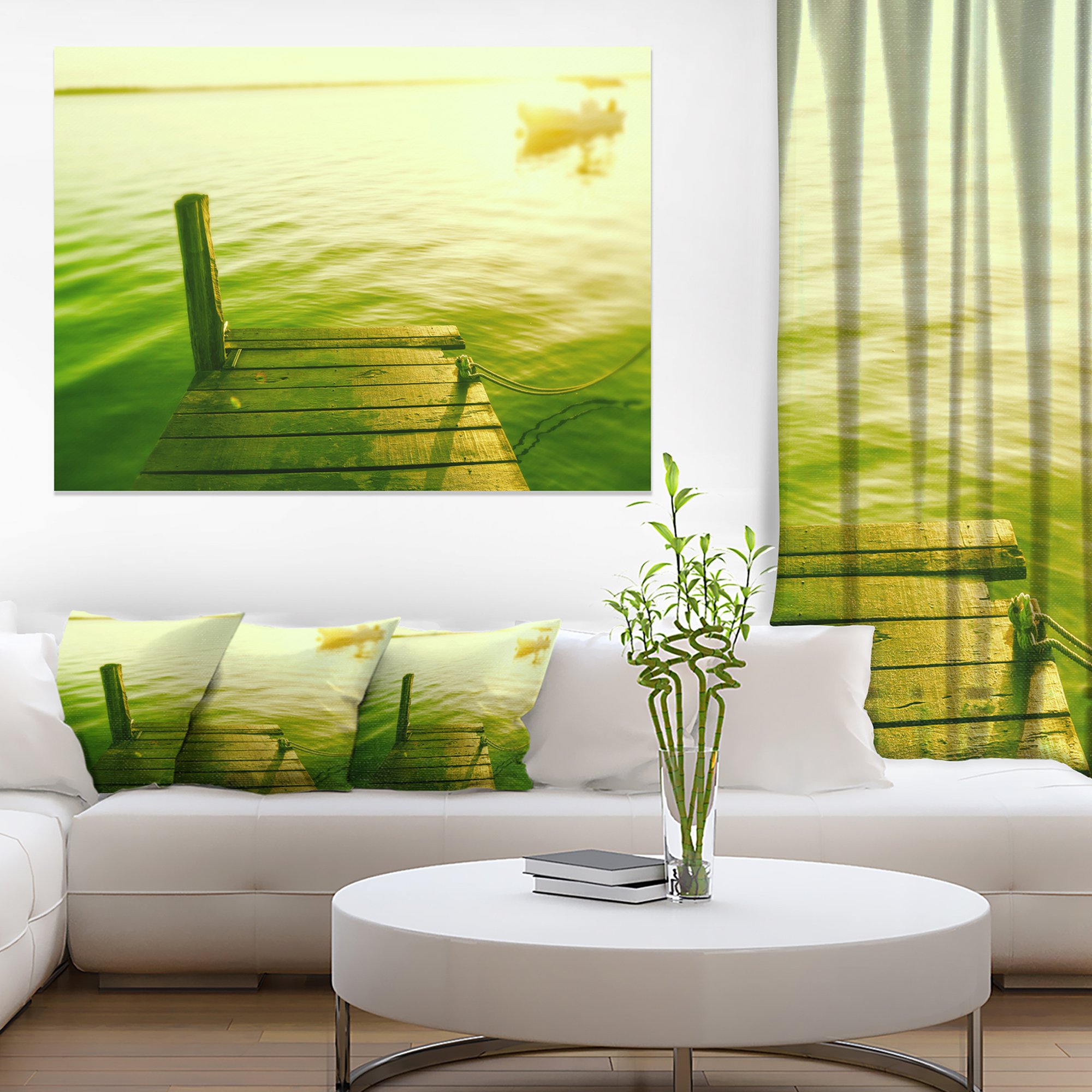 Green Sea Bridge Wooden Boardwalk Canvas Art Print - Coastal Decor for Living Room, Bedroom & Office Wall Art
