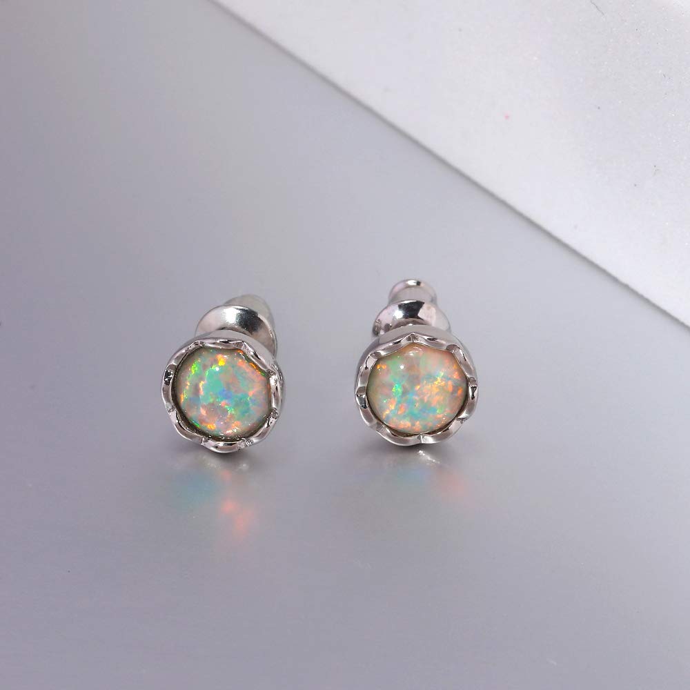 14K White Gold Plated Opal Stud Earrings for Women - 7mm Round Genuine Opal Jewelry - Perfect for Weddings, Parties & Everyday Wear