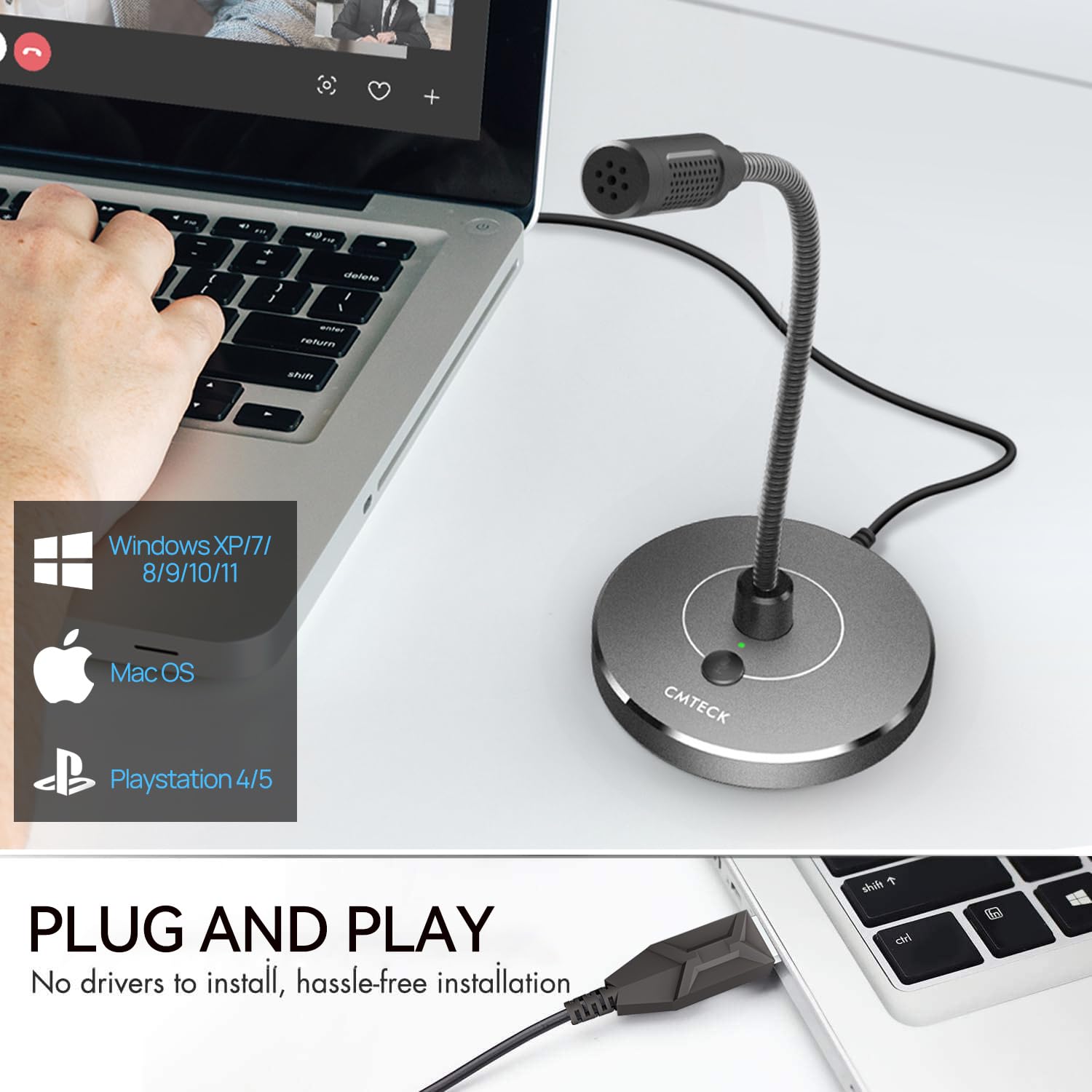 CMTECK G009 USB Computer Microphone with Noise Cancellation - Professional Desktop Mic for PC & Laptop - Perfect for Podcasting, Gaming, Streaming, Zoom/Skype Calls, YouTube Videos & Home Studio Recording - Includes Mute Function (Windows/Mac Compatible, Gray) - Ideal for Remote Work, Online Classes & Voice Chat