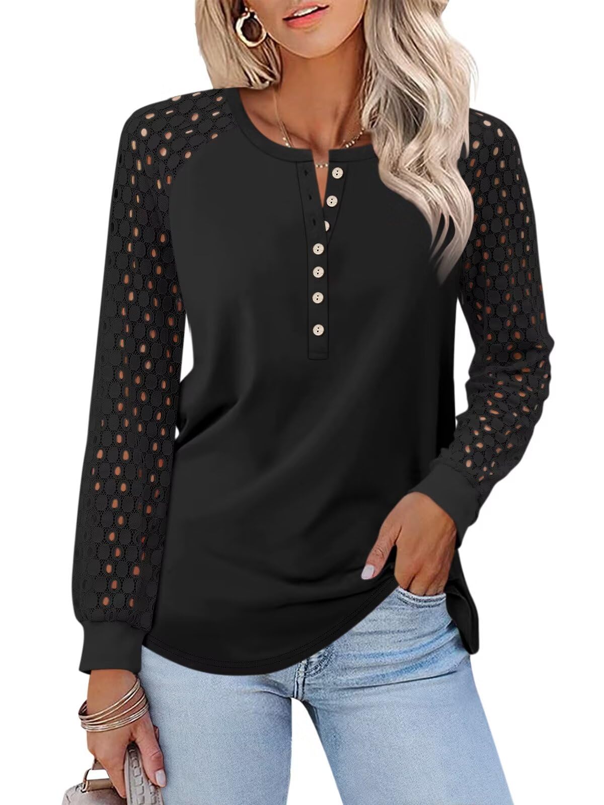Minetom Women's Lace Long Sleeve Henley Tops - Casual Blouse Shirts for Fall & Winter | Perfect for Office, Date Night & Everyday Wear