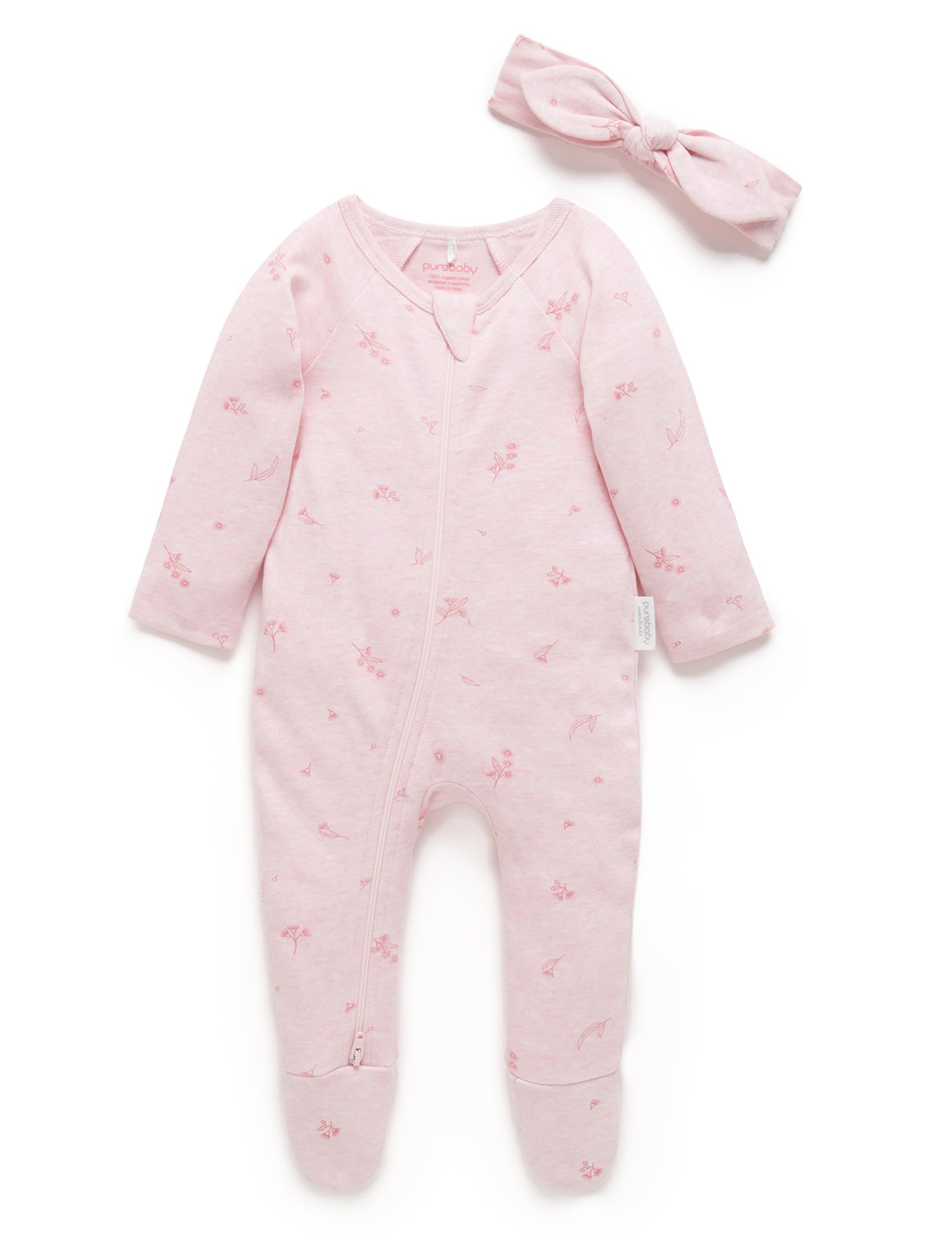 Purebaby Organic Cotton Baby Growsuit & Headband Set - Soft Pink Blossom Color for Newborns & Infants | Perfect for Photoshoots, Baby Showers & Everyday Comfort