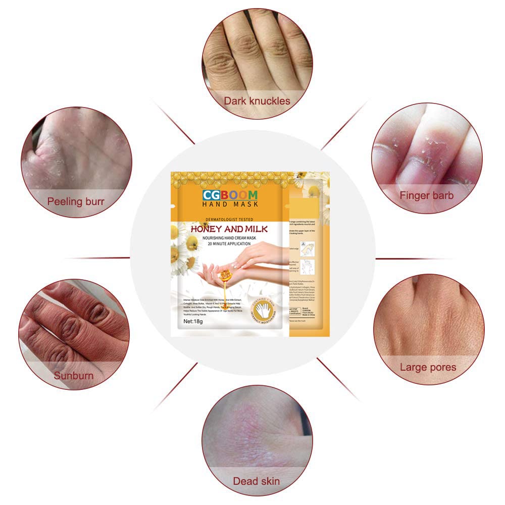 CGBOOM 5 Pairs Moisturizing Hand Masks with Collagen, Vitamins & Natural Extracts - Honey Milk Formula for Dry, Cracked & Aging Hands - Perfect for Overnight Treatment, Spa Day & Winter Hand Care
