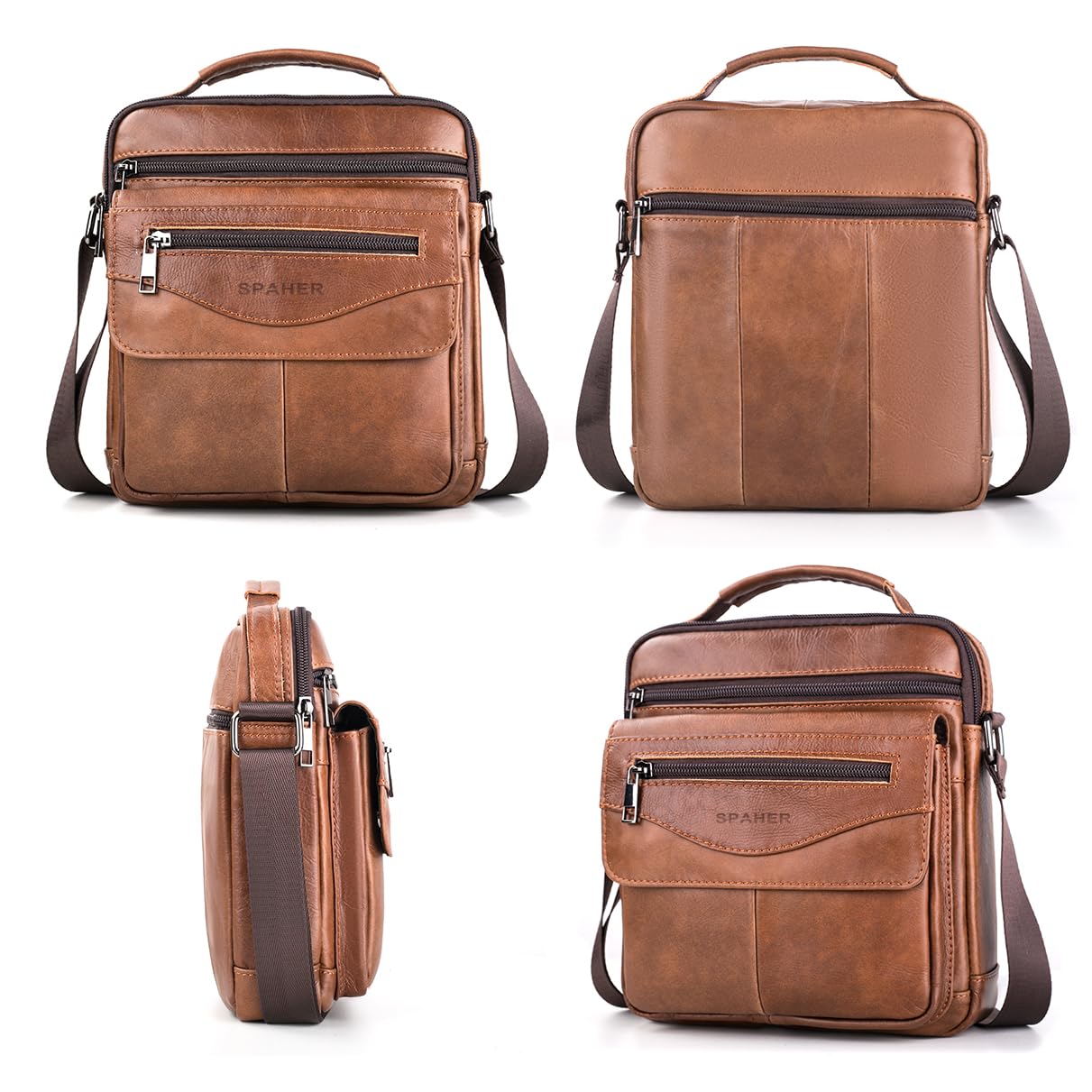 SPAHER Men's Genuine Leather Messenger Bag - Waterproof Crossbody Shoulder Bag for Business & Travel - Adjustable Strap Fits iPad 11 Inch - Brown Satchel for Work, Commuting & Daily Use