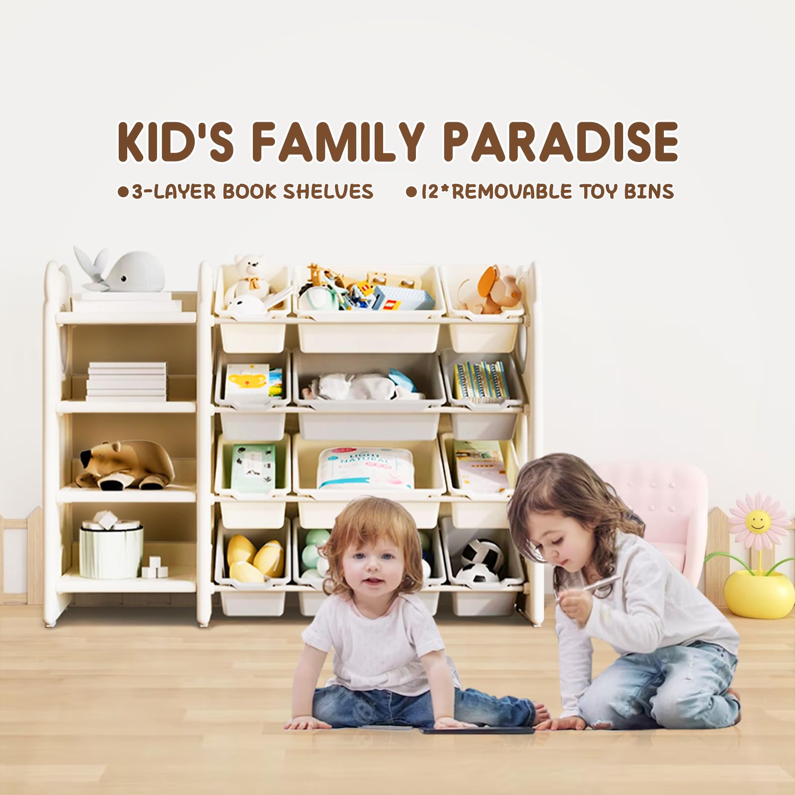 Kids Toy Storage Organizer with 12 Bins - Foldable Toy Organizer for Playroom, Nursery & Living Room - Perfect for Storing Toys, Books & Art Supplies