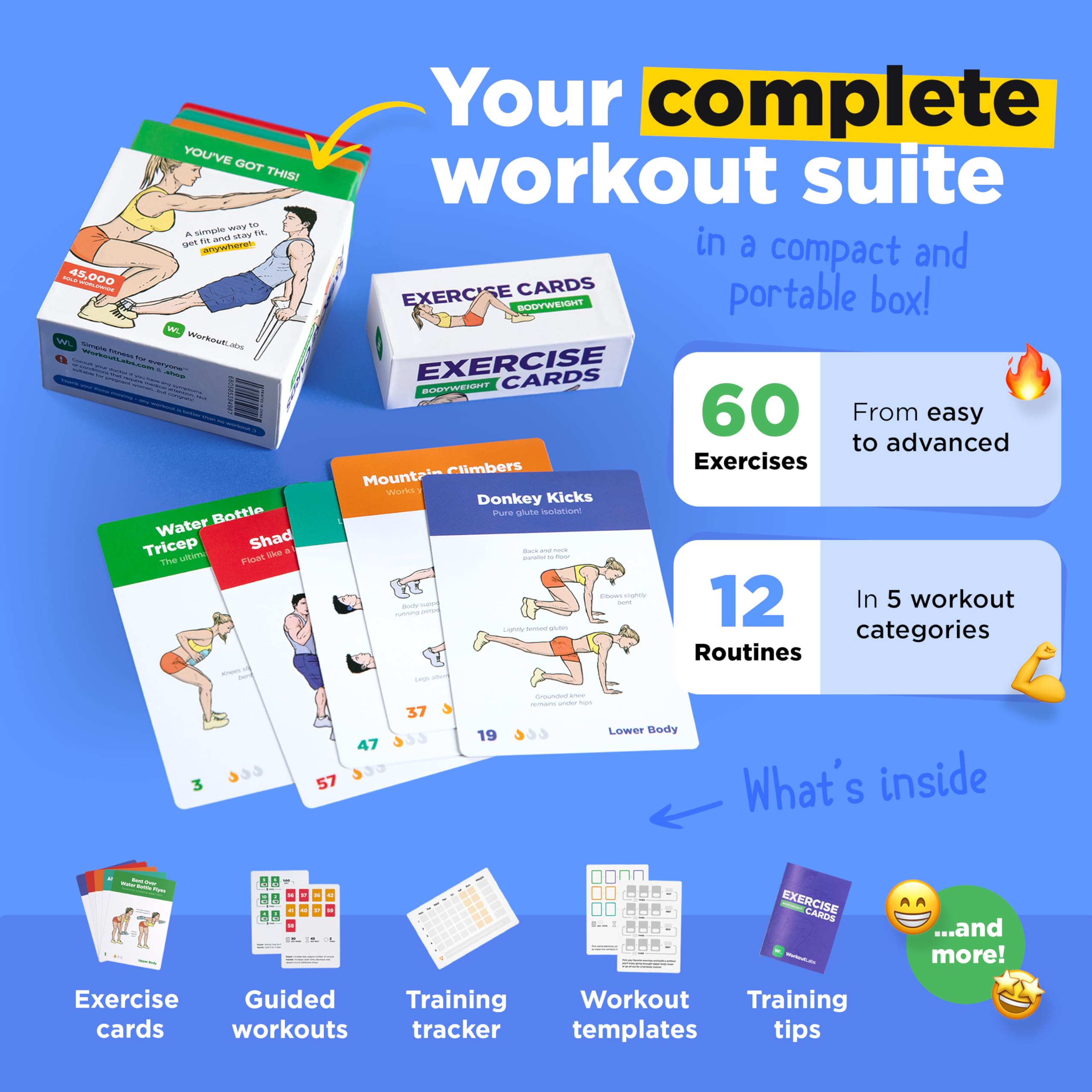 WorkoutLabs Exercise Cards: 60 Bodyweight Exercises & 12 No-Equipment Routines - Premium Waterproof Plastic Fitness Flashcards for Home & Gym Workouts (Men & Women) - Perfect for Travel, Small Spaces & Quick Workout Sessions