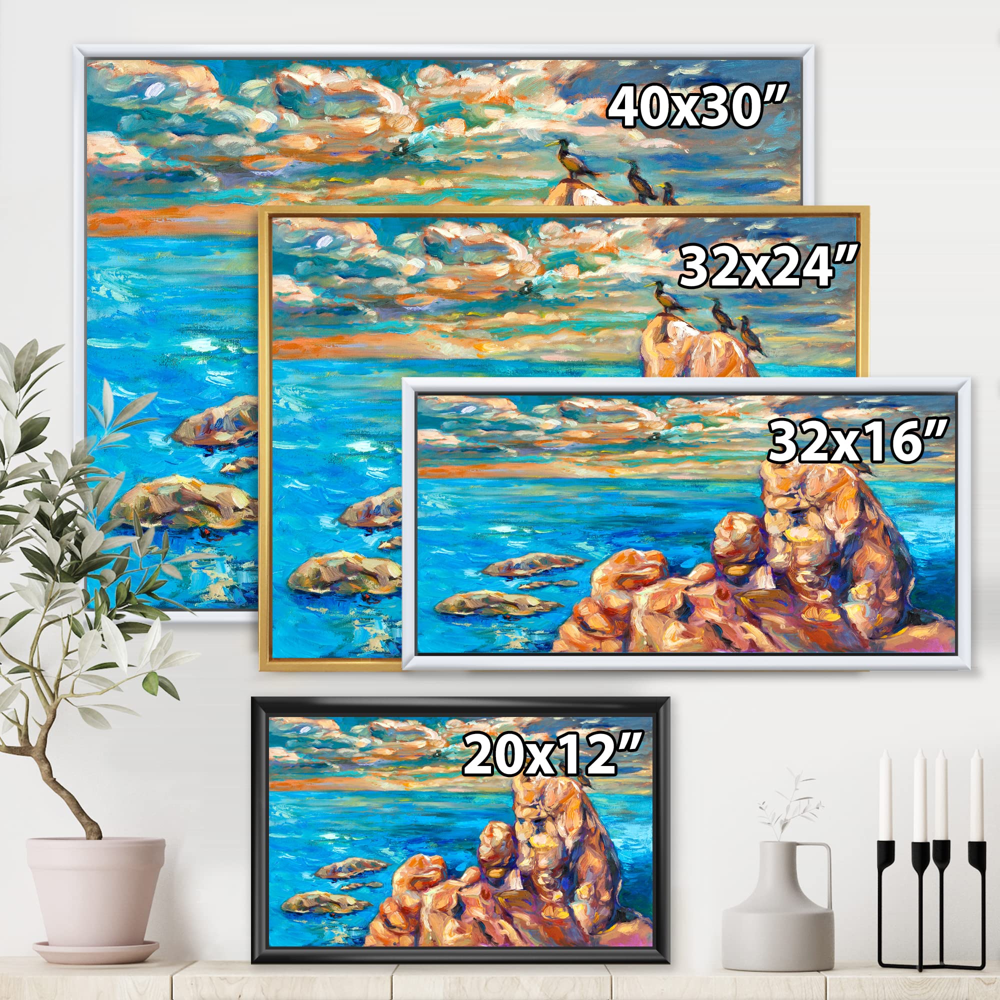 DesignQ Cliffs By The Blue Ocean I - Coastal Framed Canvas Wall Art Print | Nautical Home Decor | Perfect for Beach House, Living Room & Office Wall Decor