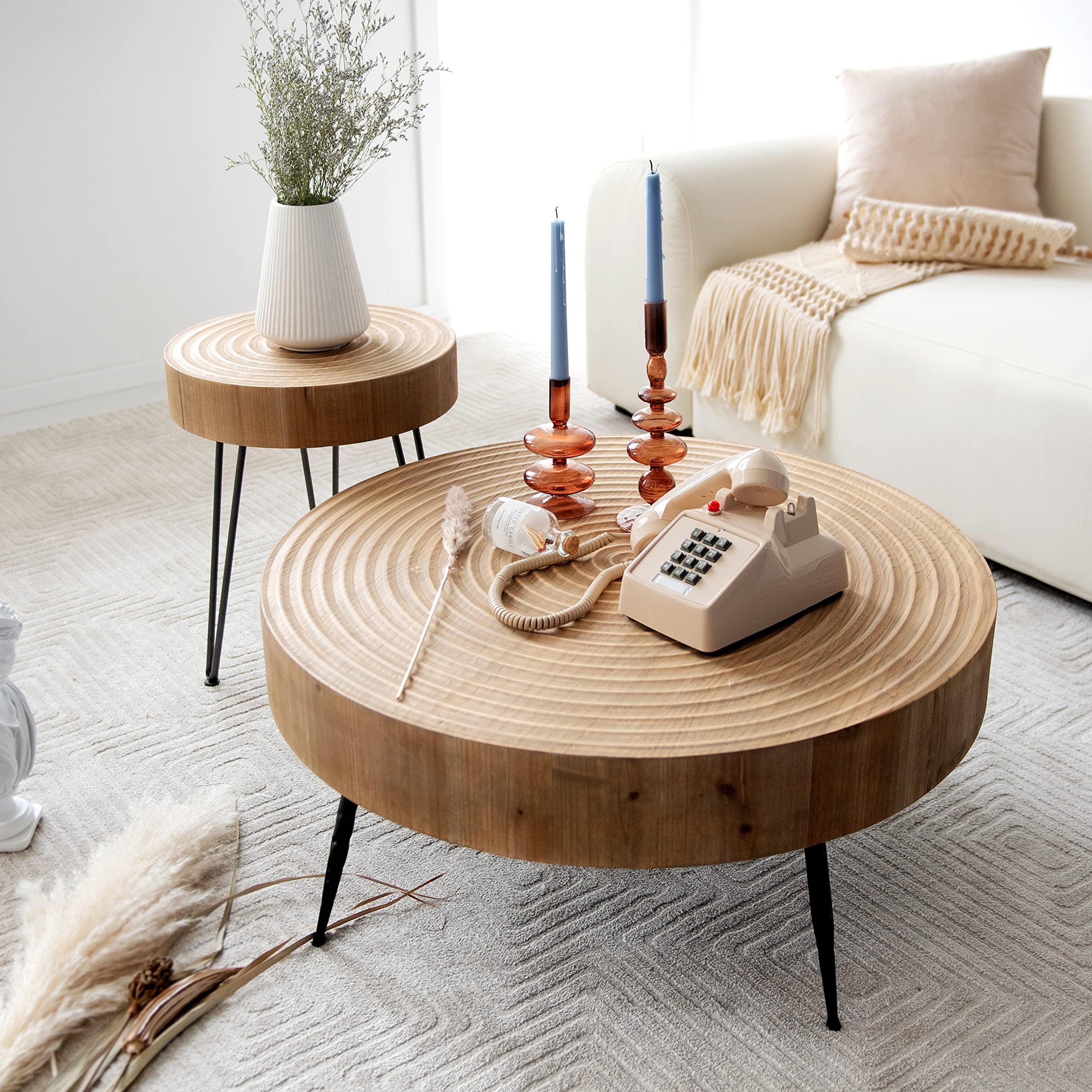 2-Piece Modern Farmhouse Nesting Coffee Table Set - Round Natural Wood Finish with Handcrafted Ring Motif for Living Room, Bedroom & Office Decor