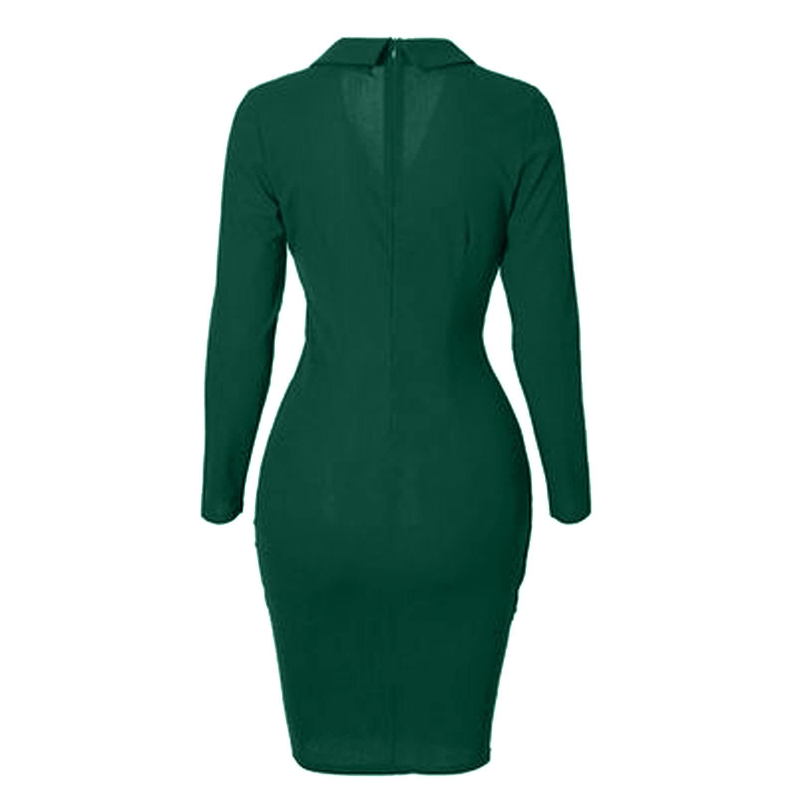 LIUguoo Women's Slim Fit Long Sleeve Deep V-Neck Bodycon Dress - Business Formal, Cocktail Party, Office Work, Evening Out - Army Green Midi Pencil Dress for Professional & Special Occasions