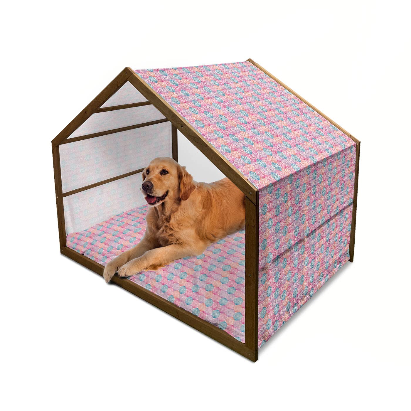 Lunarable Abstract Wooden Dog House - Colorful Ornate Round Stripes Design, Indoor & Outdoor Portable Pet Kennel with Removable Pillow & Cover, X-Large Size in Pink & Sky Blue - Perfect for Backyard, Patio or Living Room Pet Shelter