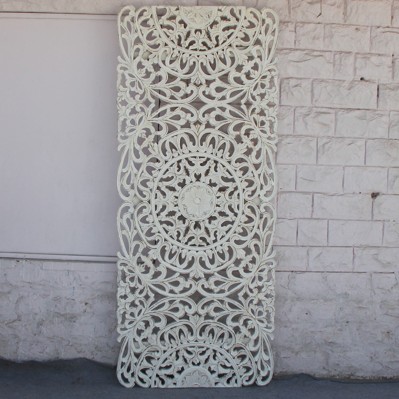 Handcrafted Dynasty Carved Panel Bed Headboard in Whitewash Finish - Perfect for Master Bedroom, Guest Room & Farmhouse Decor